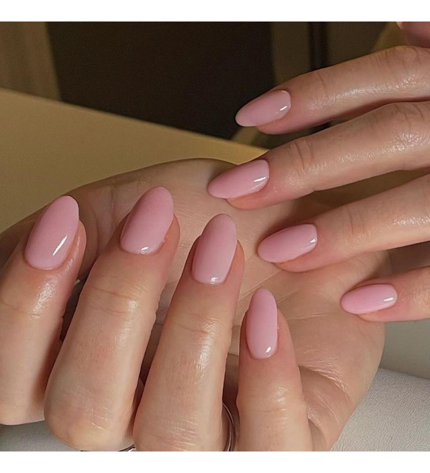 Light Pink Short Almond Press On Nails - Glossy Acrylic Fake Nails for Women & Girls | 24 Pcs Style 8 - Perfect Nail Accessories - Buy Online on GoSupps.com