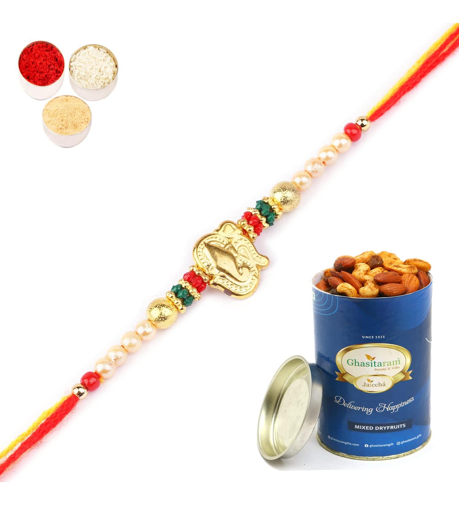 Ghasitaram Gifts Rakhis Online for Brother- R-2110 Rakhi Thread with 100 GMS of Dryfruits Mix Can Rakhi Set with 100 gms of Dryfruits Mix Can - Buy Online on GoSupps.com