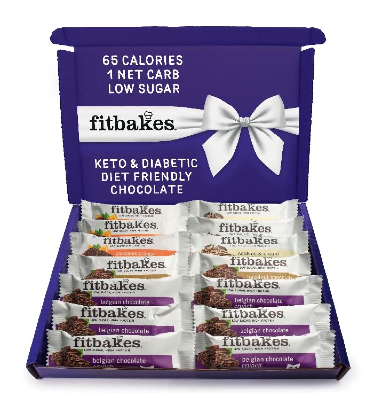 Fitbakes Gift Box - 65 Calories Mini Chocolate Crunch Keto Bars | Diabetic & Protein Hamper | Keto Snacks | Gym Gift | Sugar Free Chocolate & Biscuits | Diabetic Sweets | 14 Flavors - 14 Count - Buy Online on GoSupps.com