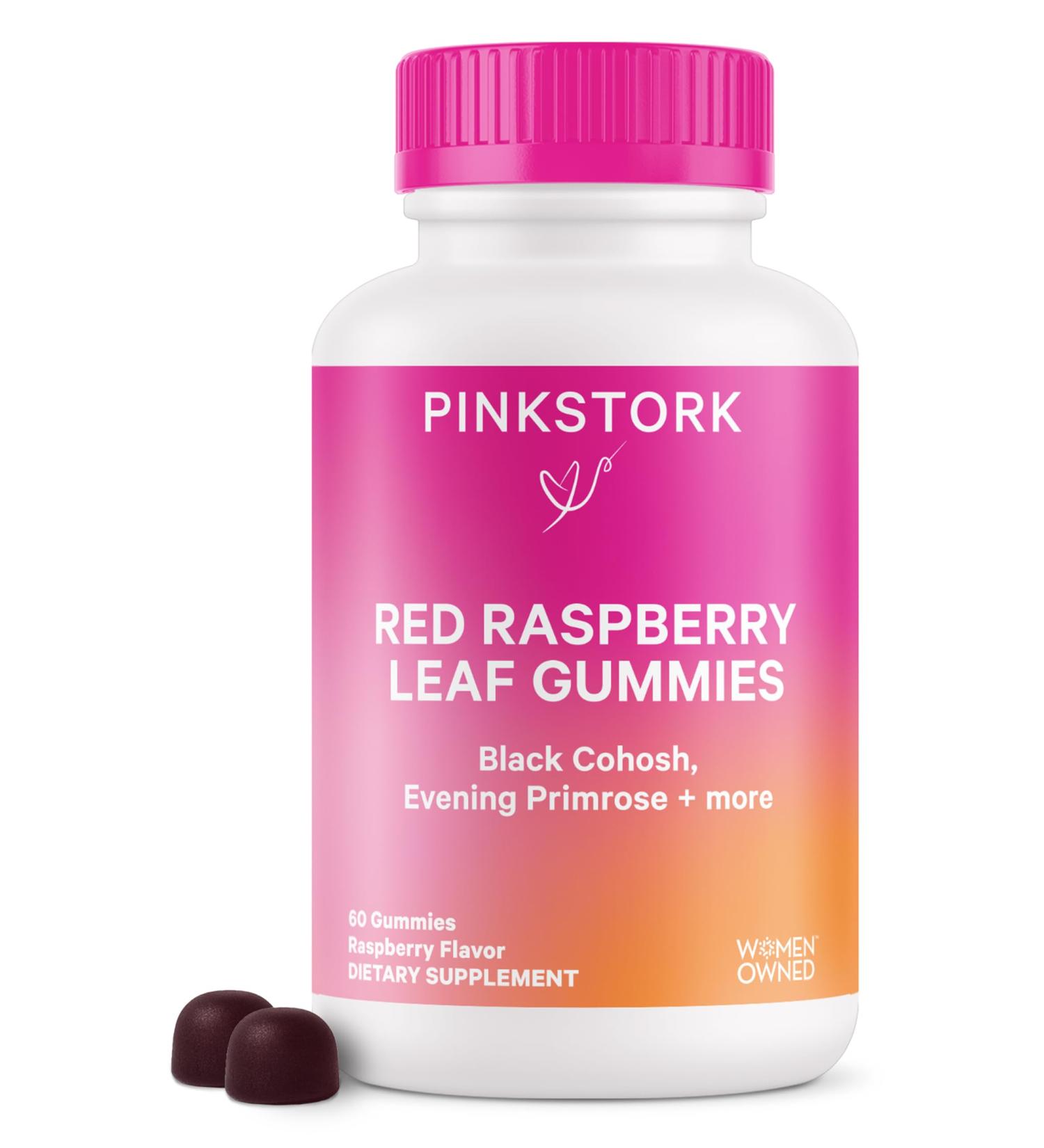 Pink Stork Red Raspberry Leaf Gummies - Third Trimester Labor Prep + Postpartum Mood Essentials with Evening Primrose Oil + Black Cohosh - 60 Vegan Gummy Supplements Non-GMO - Buy Online on GoSupps.com