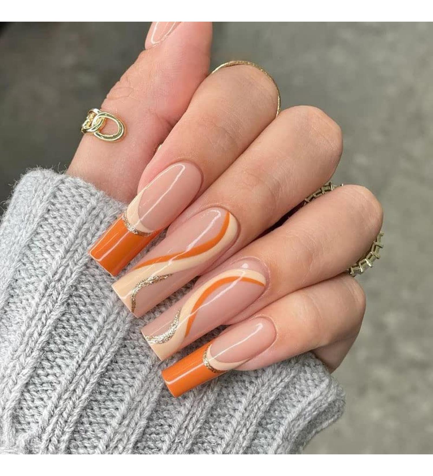 Buy Vatocu Long French Ballerina Coffin False Nails - Orange Acrylic Press-On Nails for Women (24 Pieces) - International Shipping Available - Buy Online on GoSupps.com