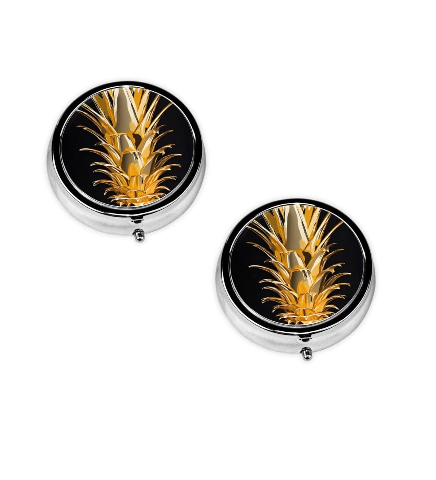 Gold Pineapple Printed Mini Round Pill Box | 3 Compartment Medicine Organizer | Travel Portable Pill Case for Home & Office - Buy Online on GoSupps.com