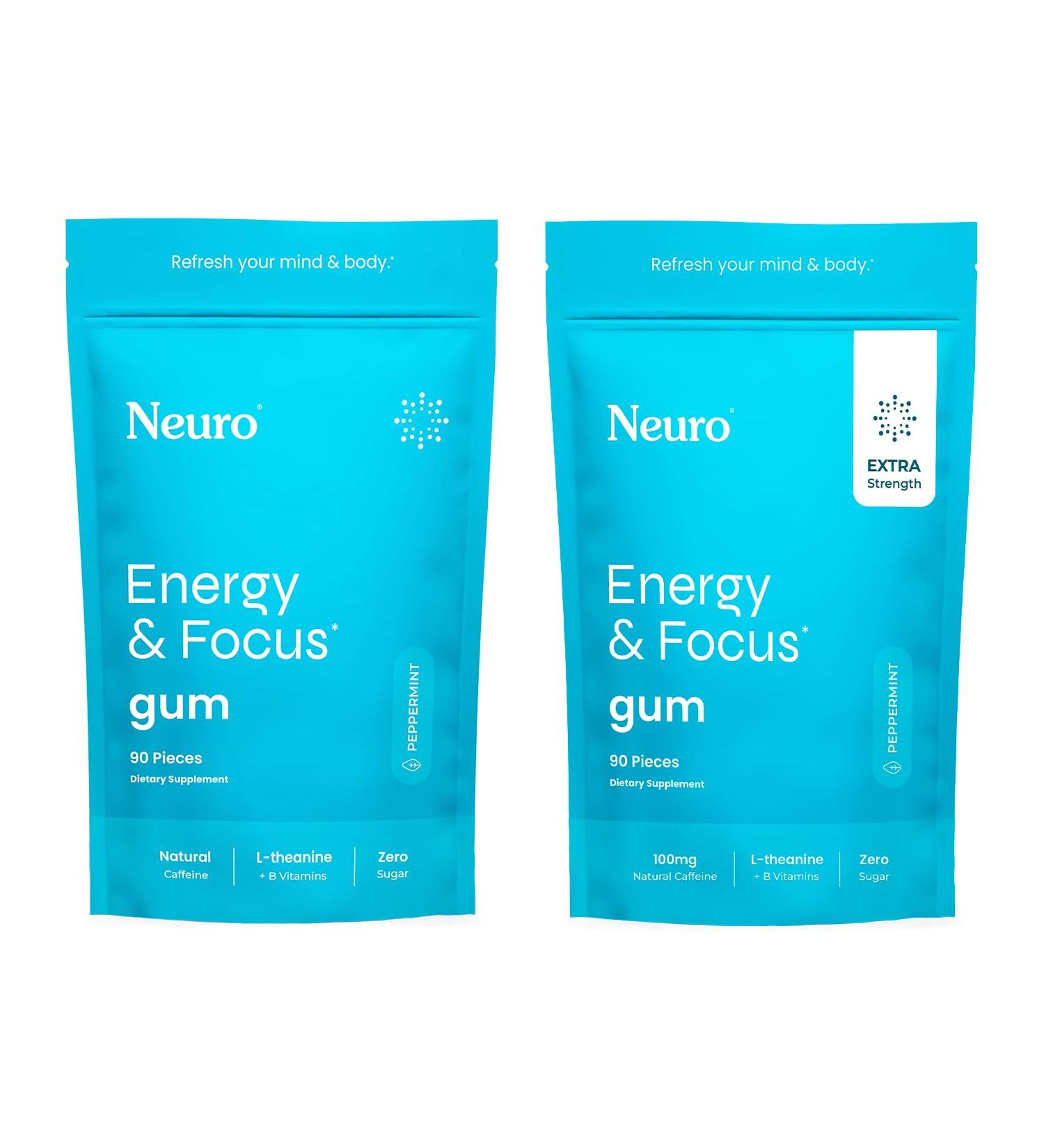 Neuro Energy & Focus Gum Duo Original & Extra Strength Peppermint Gum (90ct Bags) Natural Caffeine L-Theanine B12 + B6 Sugar-Free Nootropic Supplement for Clean Focus - Buy Online on GoSupps.com