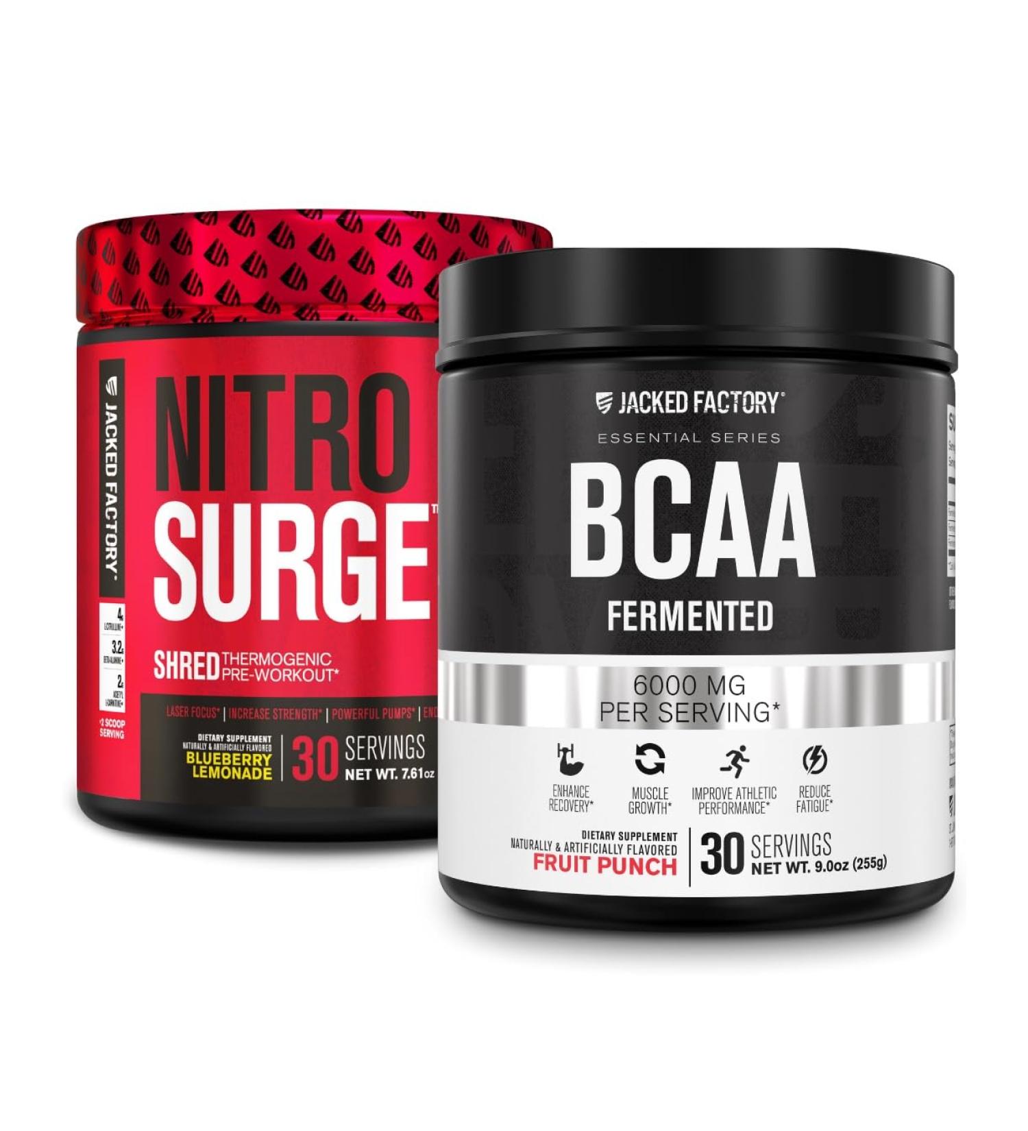 Jacked Factory Nitrosurge Shred Thermogenic Pre-Workout in Blueberry Lemonade & BCAA in Fruit Punch for Body Recomposition Muscle Building and Recovery - Buy Online on GoSupps.com