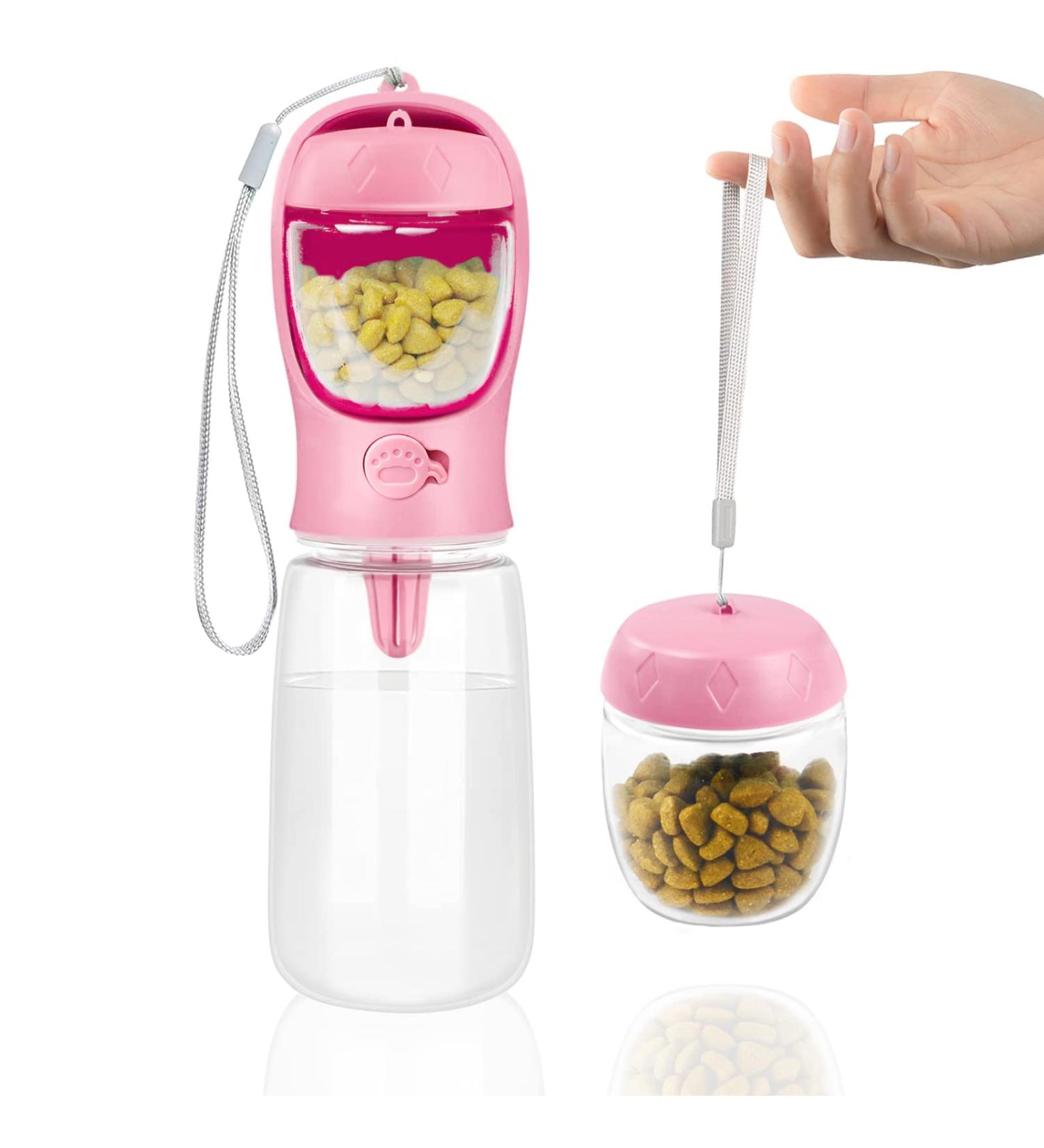 Nepfaivy 550ml Portable Dog Water Bottle with 150ml Feed Container - Travel Friendly Pink Bottle for Hiking & On-the-Go Dogs - Buy Online on GoSupps.com