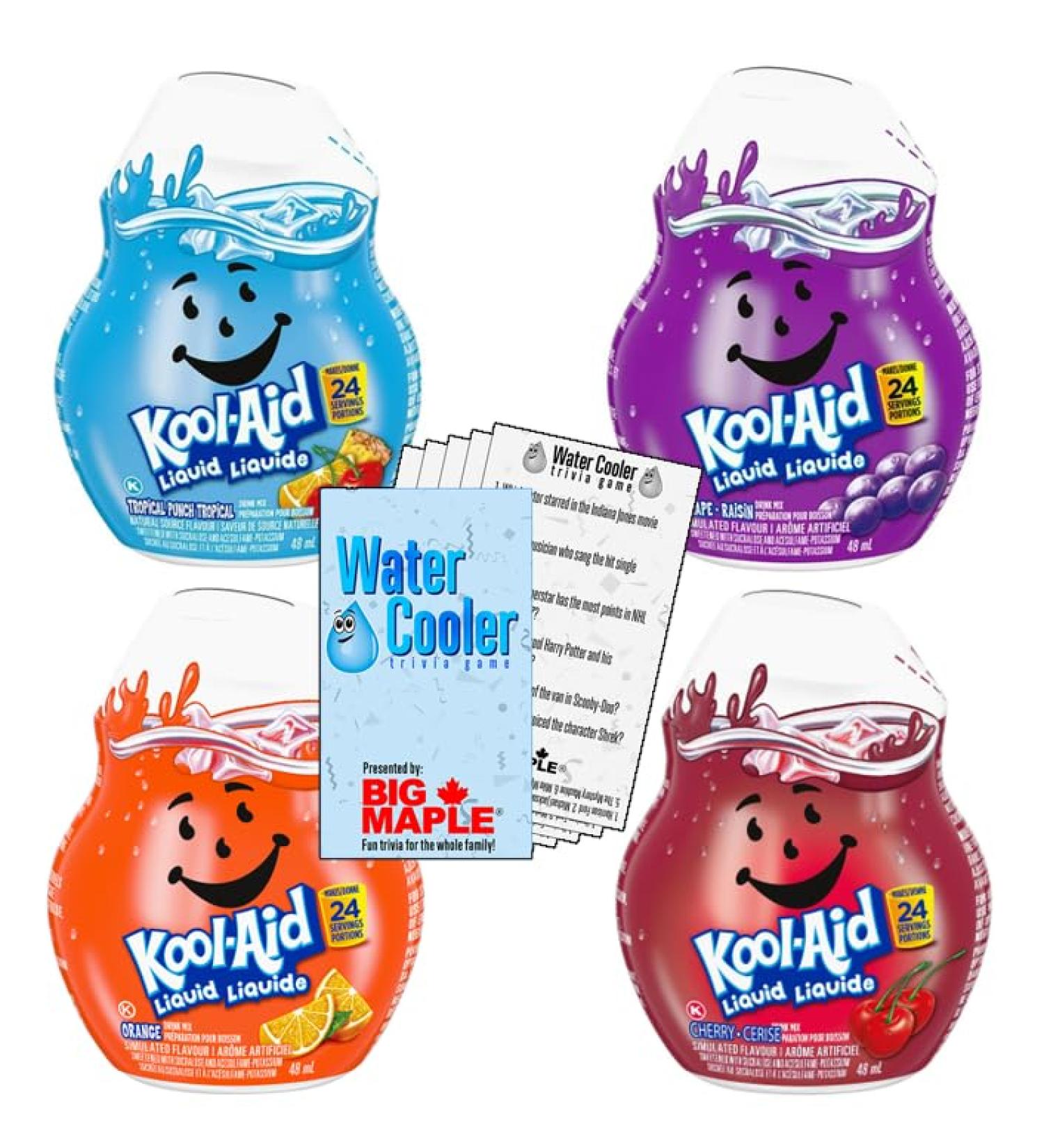 Fruit Flavoured Liquid Drink Mix Variety Pack. Includes (4) Kool-Aid Liquid Drink Mix Bottles (48g per) - Orange Grape Cherry Tropical Punch (48g per bottle) with Water Cooler Trivia Game by BIG MAPLE . Enjoy with your Drink. Rehydrate Water Flavour Enhan - Buy Online on GoSupps.com