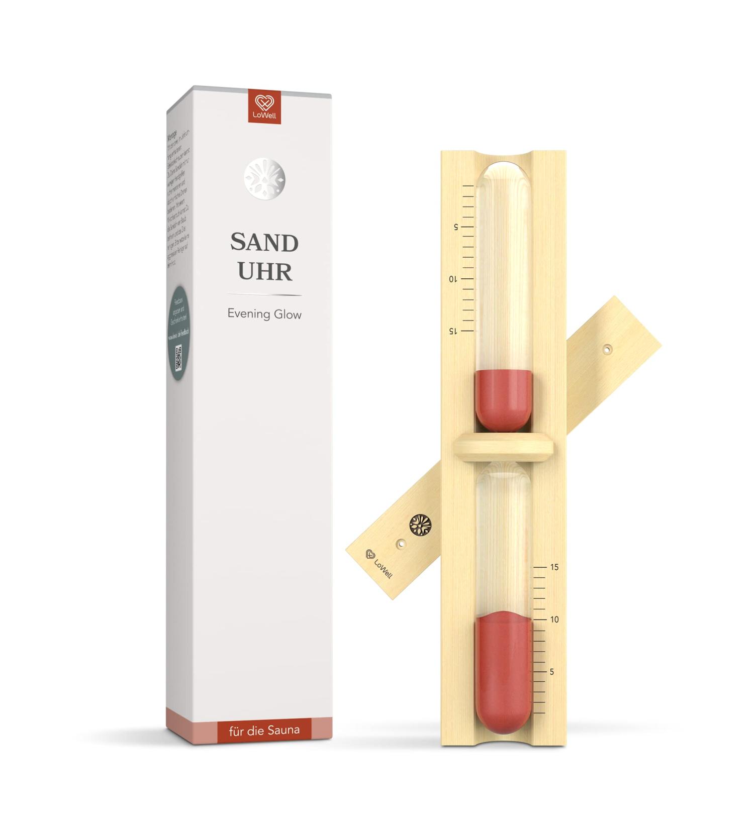 Lowell Sauna hourglass - Evening Glow Saunahr - Red Sand Sauna Uhr - Ideal Sauna Accessories - From natural ash wood High -quality workmanship - Robust and heat -resistant - 15 min Evening Glow - Red