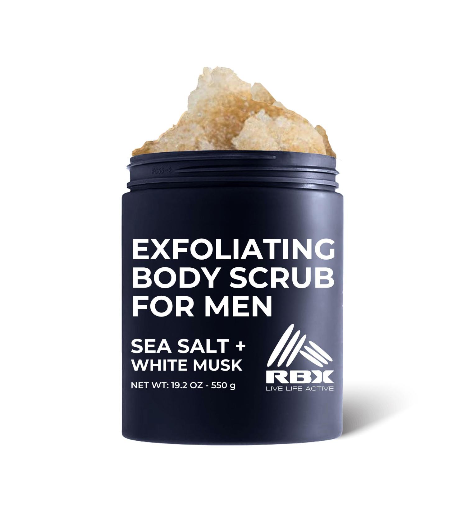 RBX Exfoliating Body Scrub For Men with Shea Butter Vitamin A and C Moisturizing Hydrating Body Scrub for Healthy Skin Sea Salt + White Musk - Buy Online on GoSupps.com