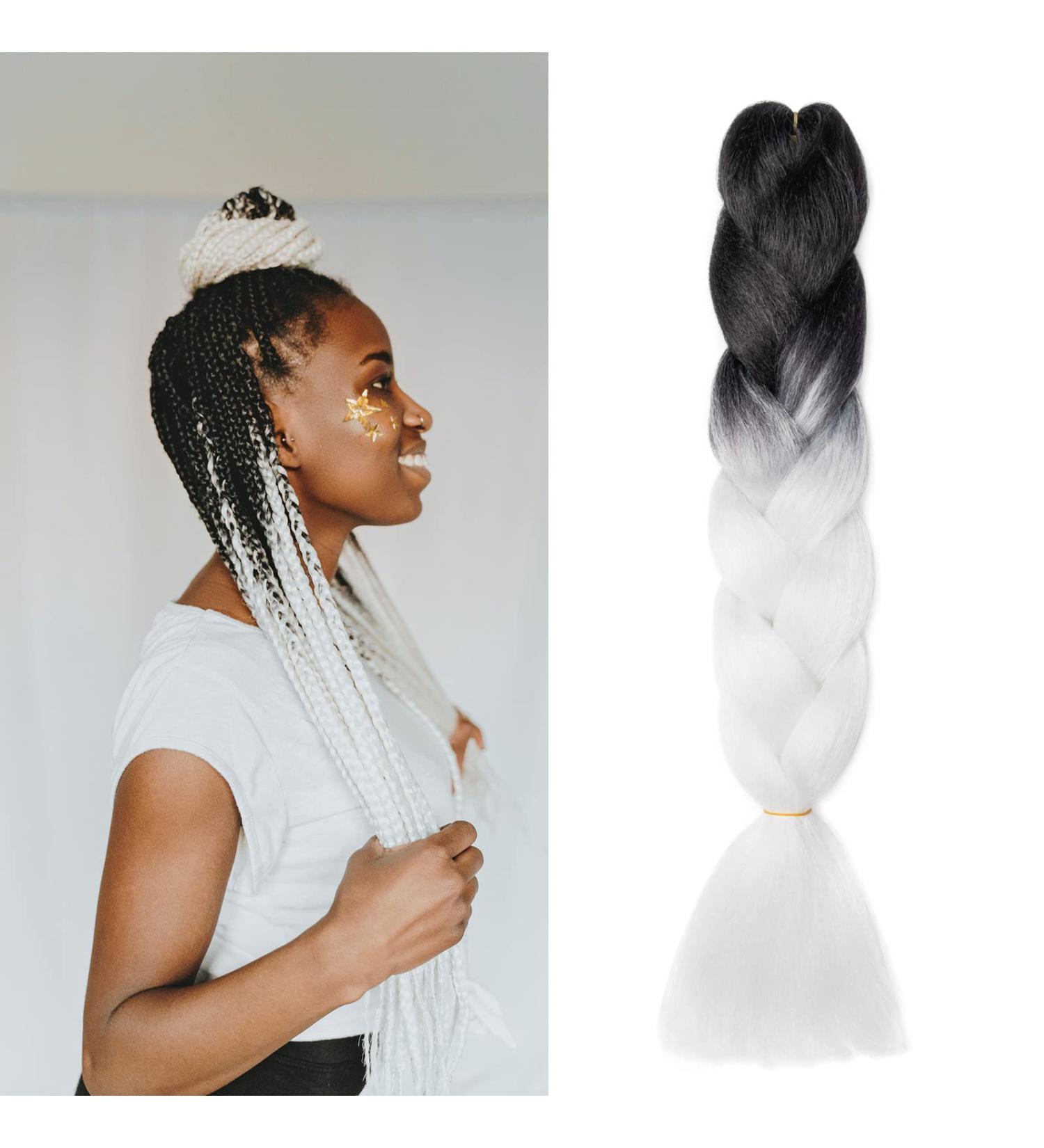Gairyan Jumbo Braids Extensions - 60cm Ombre Synthetic Braiding Hair 100g Black & White - Perfect for Box Crochet Styles - Buy Online on GoSupps.com
