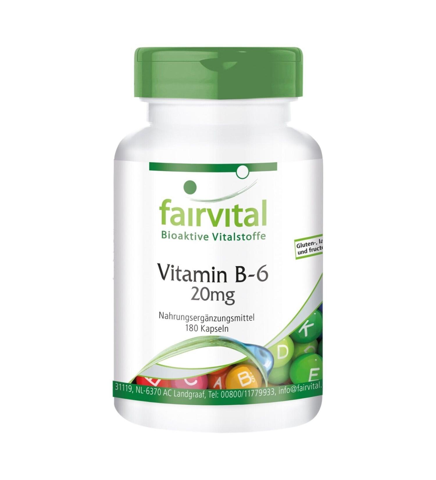 Fairvital Vitamin B6 20mg - High Dose Pyridoxine Hydrochloride | Vegan Capsules - 180 Count | International Shipping Available - Buy Online on GoSupps.com
