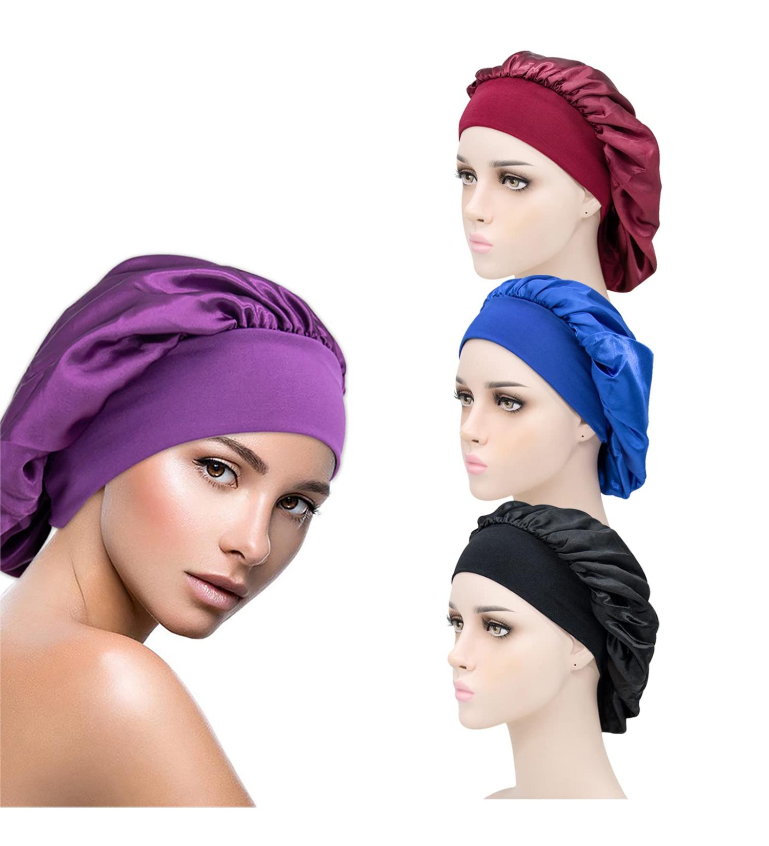Eifer Soft Satin Caps with Wide Elastic Band - Pack of 3 (Black, Blue, Purple) | Ideal for Hair Protection, Chemotherapy & Sleeping - Buy Online on GoSupps.com