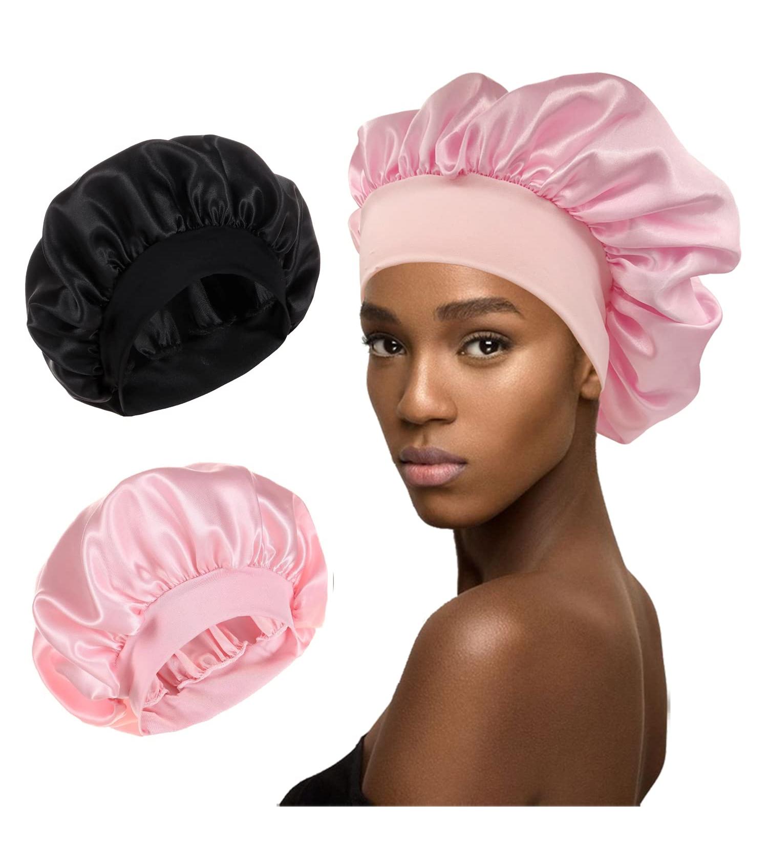 2 Pack Satin Silk Bonnet for Sleeping - Black Pink Hair Bonnets for Black Women - Curly Hair Braids Sleep Caps with Elastic Band - Buy Online on GoSupps.com