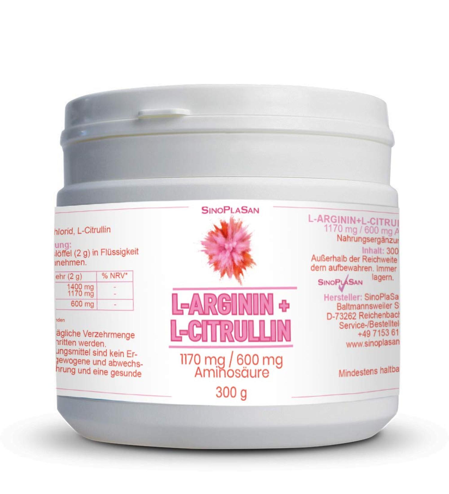 L-Arginine 1170 mg + L-Citrulline 600 mg Powder - 300g Vegan Amino Acids | No Additives | High Dosage | SinoPlaSan - International Shipping Available - Buy Online on GoSupps.com