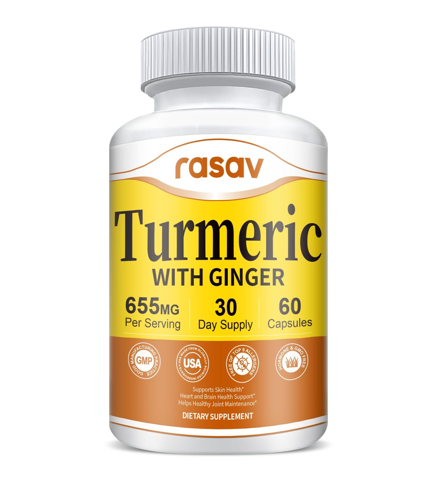 Rasav Turmeric Curcumin Supplement - 95% Curcuminoids with Turmeric & Ginger Black Pepper for Ultra High Absorption Support Joint & Digestion Health Non-GMO 60 Capsules 60 Count (Pack of 1) - Buy Online on GoSupps.com