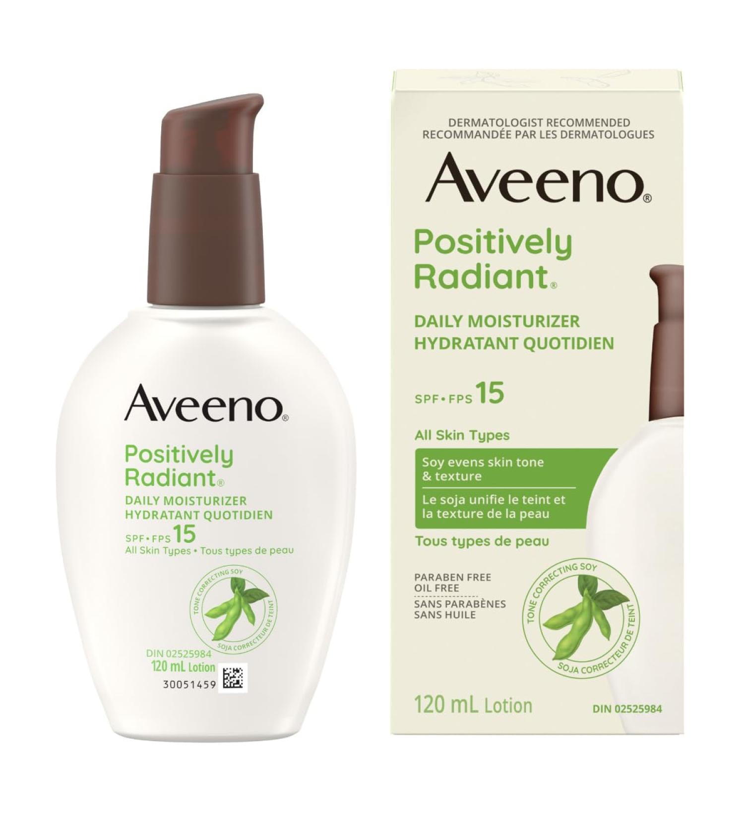 Aveeno Positively Radiant Daily Moisturizer SPF 15 Dry Skin Lotion Face Cream Hypoallergenic Soy Formula 120-mL Pack of 1 - Buy Online on GoSupps.com