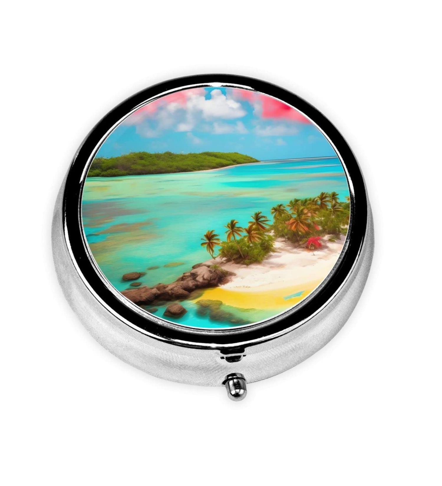 Caribbean Scenery Round Pill Box - 3 Compartment Portable Organizer for Travel | Ideal Travel Pill Case - Buy Online on GoSupps.com