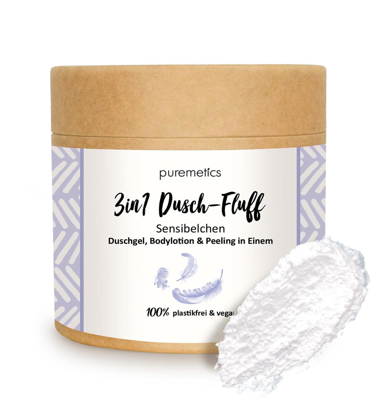Puremetics 3-in-1 Shower Fluff Sensitive - Vegan Sugar Peeling Gel & Lotion 250g | Plastic-Free Body Care - Buy Online on GoSupps.com
