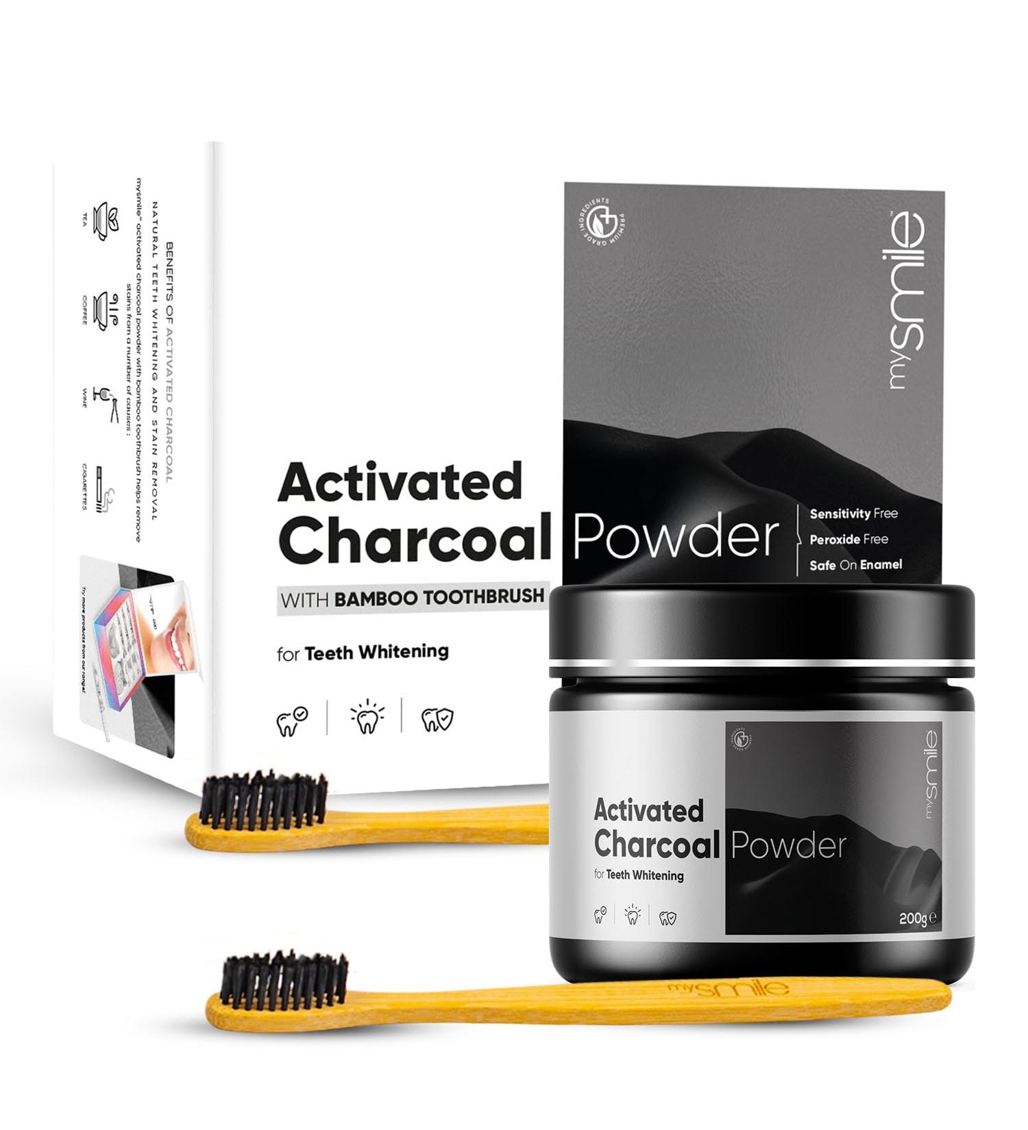 Activated Charcoal Teeth Whitening Powder 200g + 2 Bamboo Toothbrushes - Natural Sensitivity-Free Whitener & Stain Remover - Peppermint Fresh Breath - Buy Online on GoSupps.com