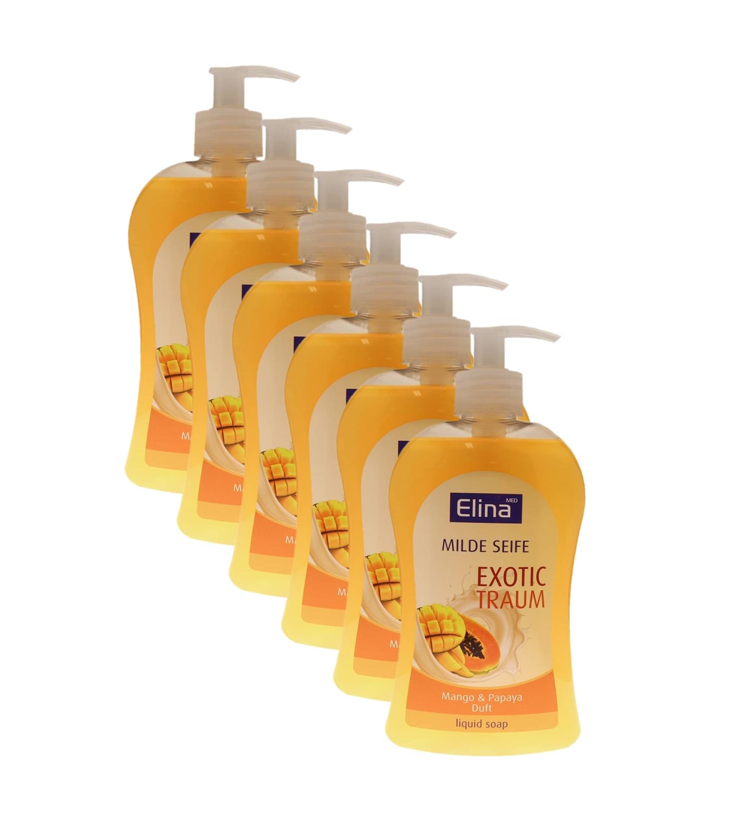 6 x Elina med - Soap/Liquid Soap - Exotic Dream - With Mango & Papaya Fragrance (6 x 500 ml) 6 pieces (1 pack) Mango & Papaya