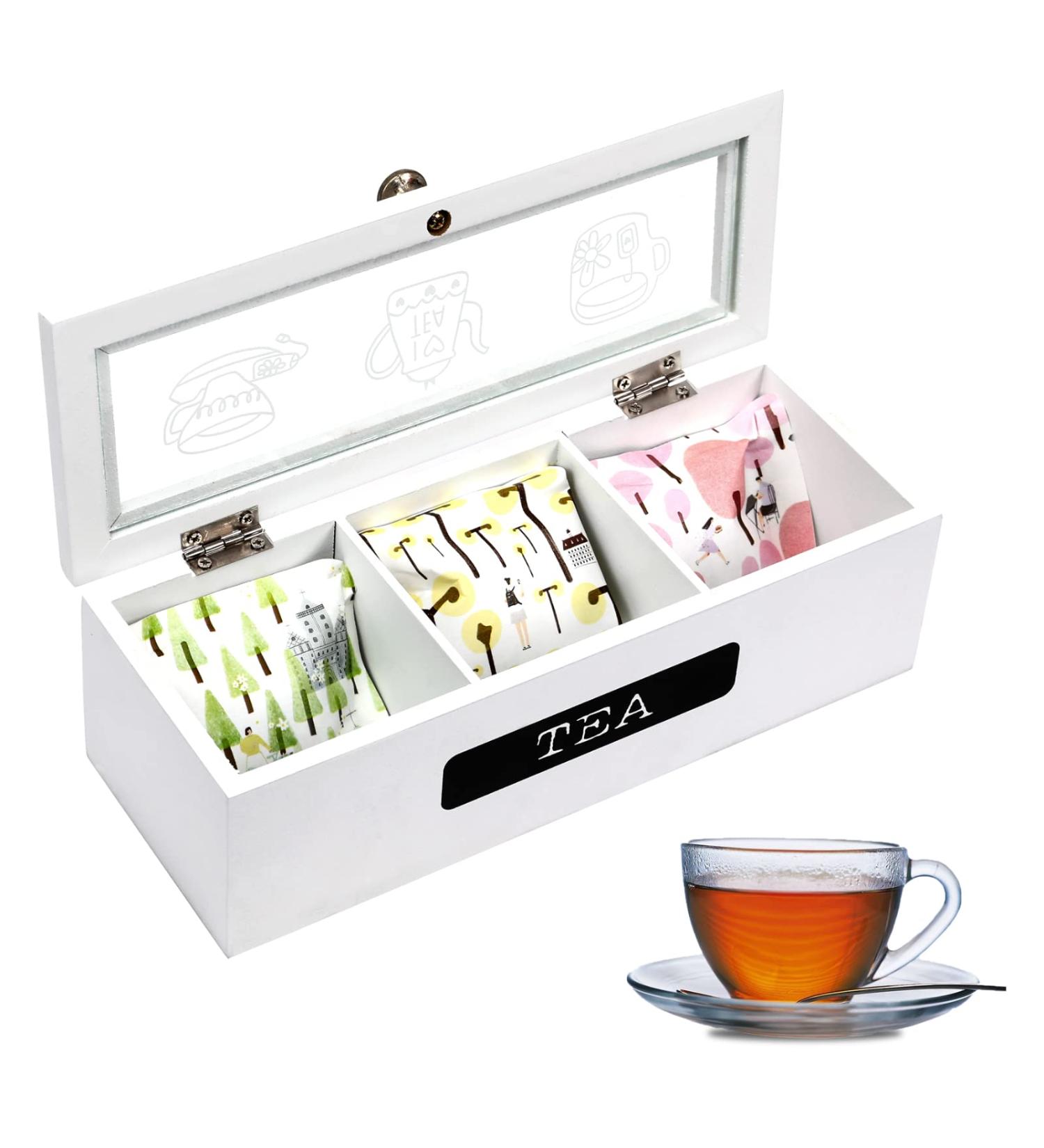 Tea Box for Tea Bags Organizer Wood 3 Compartments Tea Bag Organizer for Cabinet Tea Caddy Organizer Box Tea Storage Chest Decorative Box for Organizing and Displaying Tea - Buy Online on GoSupps.com