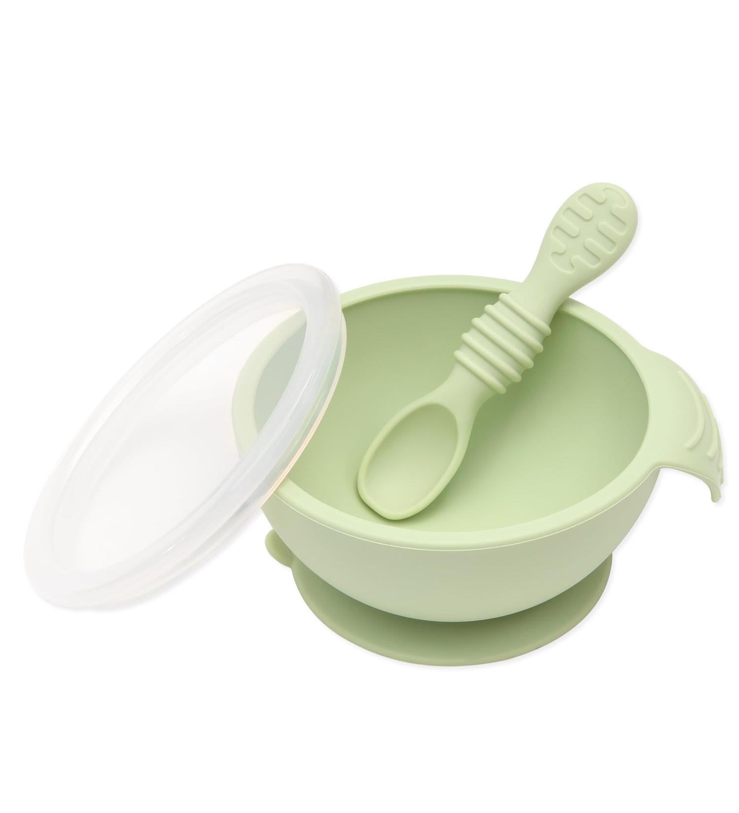 Bumkins Baby Bowls Silicone Baby Feeding Set Suction Bowls for Baby and Toddler with Spoon and Lid First Feeding Set Platinum Silicone Bowl for Babies 4 Months Up Sage - Buy Online on GoSupps.com