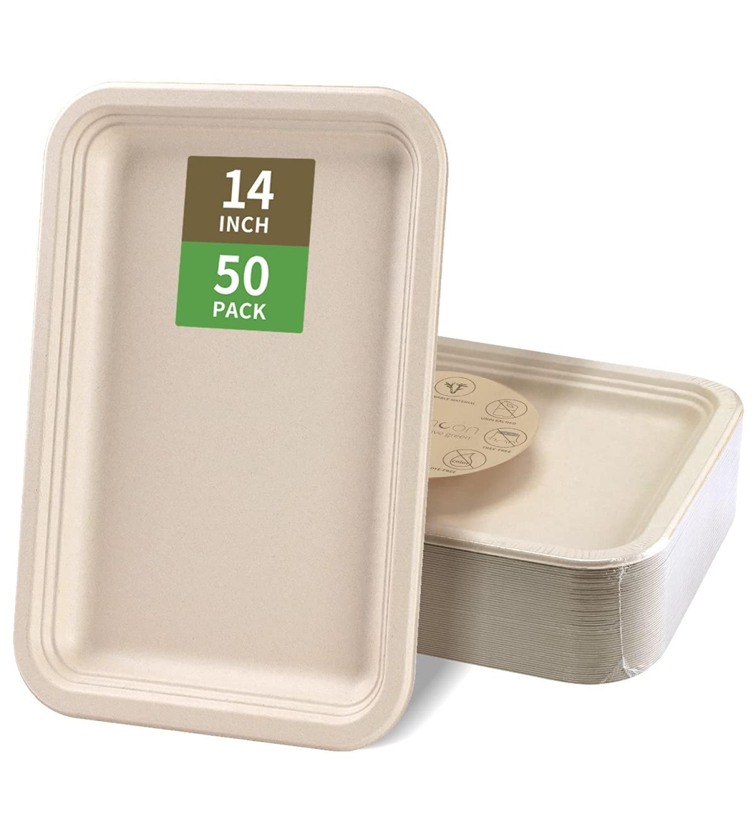 thumbnail image 2 of 50 Pack 14 Inch Biodegradable Paper Plates - Rectangle Sugarcane Bagasse Food Trays For BBQ Party 2 of 14