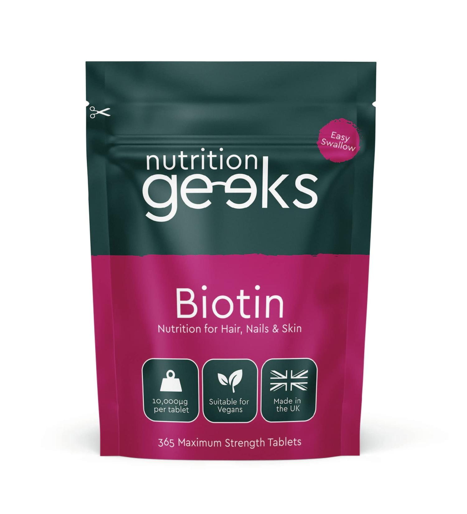 1 Year Supply Biotin Hair Growth Supplement - High Strength 10,000mcg Tablets for Hair, Skin, & Nails - 365 Vegan Capsules - UK Made - Buy Online on GoSupps.com