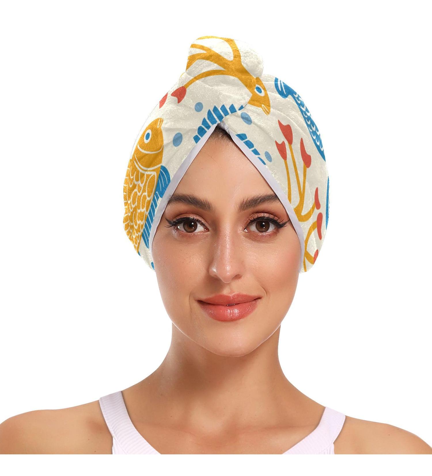 Seamless Fish Seahorse Hair Towel 2 Pack - Super Absorbent Quick Dry Turbans for Women & Girls - Buy Online on GoSupps.com