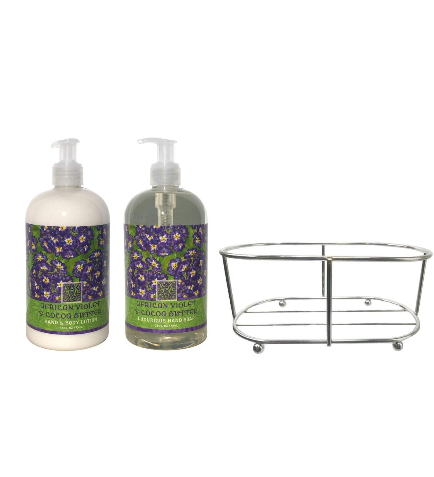 Three Piece Set: Hand & Body Lotion and Hand Soap Duo Set Enriched With Shea Butter 16 oz ea. in a Chrome Caddy Collection (African Violet & Cocoa Butter)