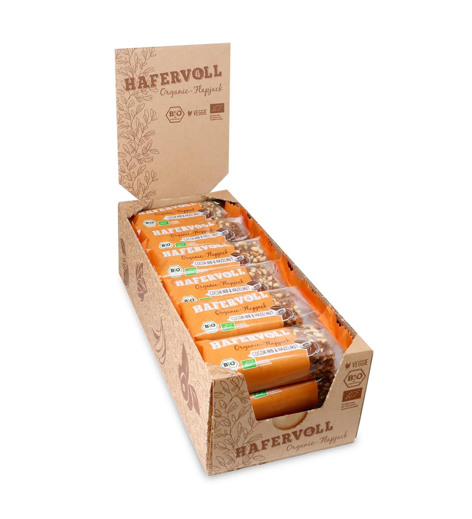 Organic Flapjack Cereal Bars with Cacao Nib & Hazelnut - Sugar-Free Honey Sweetened 18x60g - Certified Organic Oats for International Shipping - Buy Online on GoSupps.com