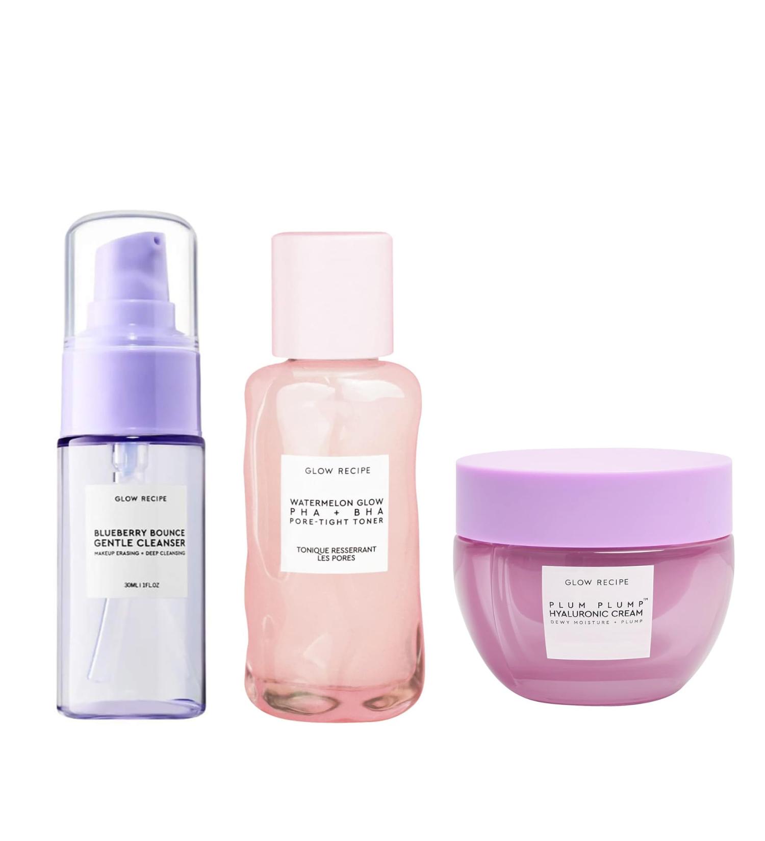Glow Recipe Blueberry Bounce Gentle Face Cleanser (30 ml) + Watermelon Glow PHA + BHA Facial Toner & Pore Minimizer (40 ml) + Plum Plump Hyaluronic Acid Face Cream (20 ml) - Travel Friendly - Buy Online on GoSupps.com