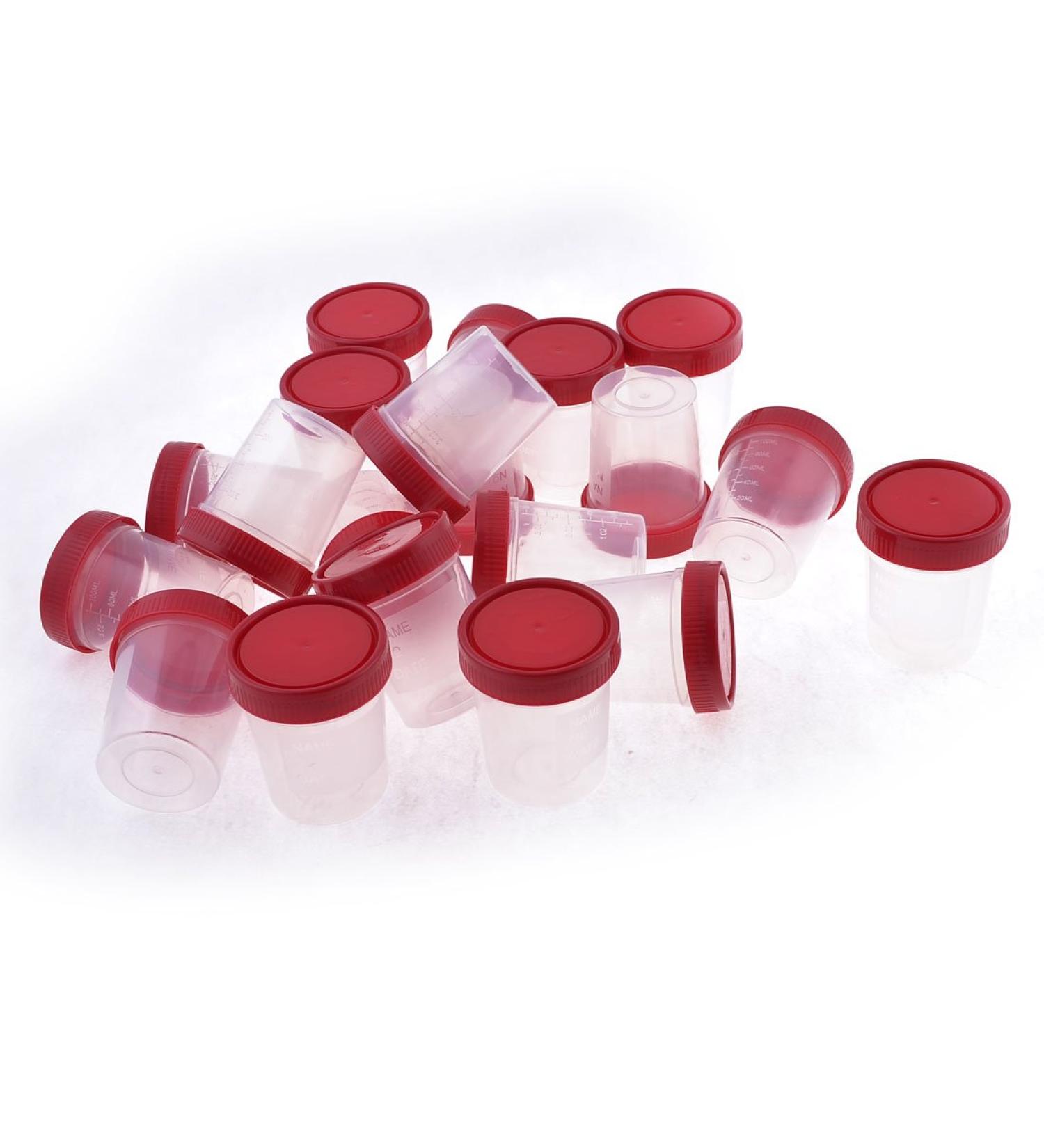 Ruilogod 20pcs Home Clear Plastic Round Shape Urine Test Cup 120ml w Red Cover