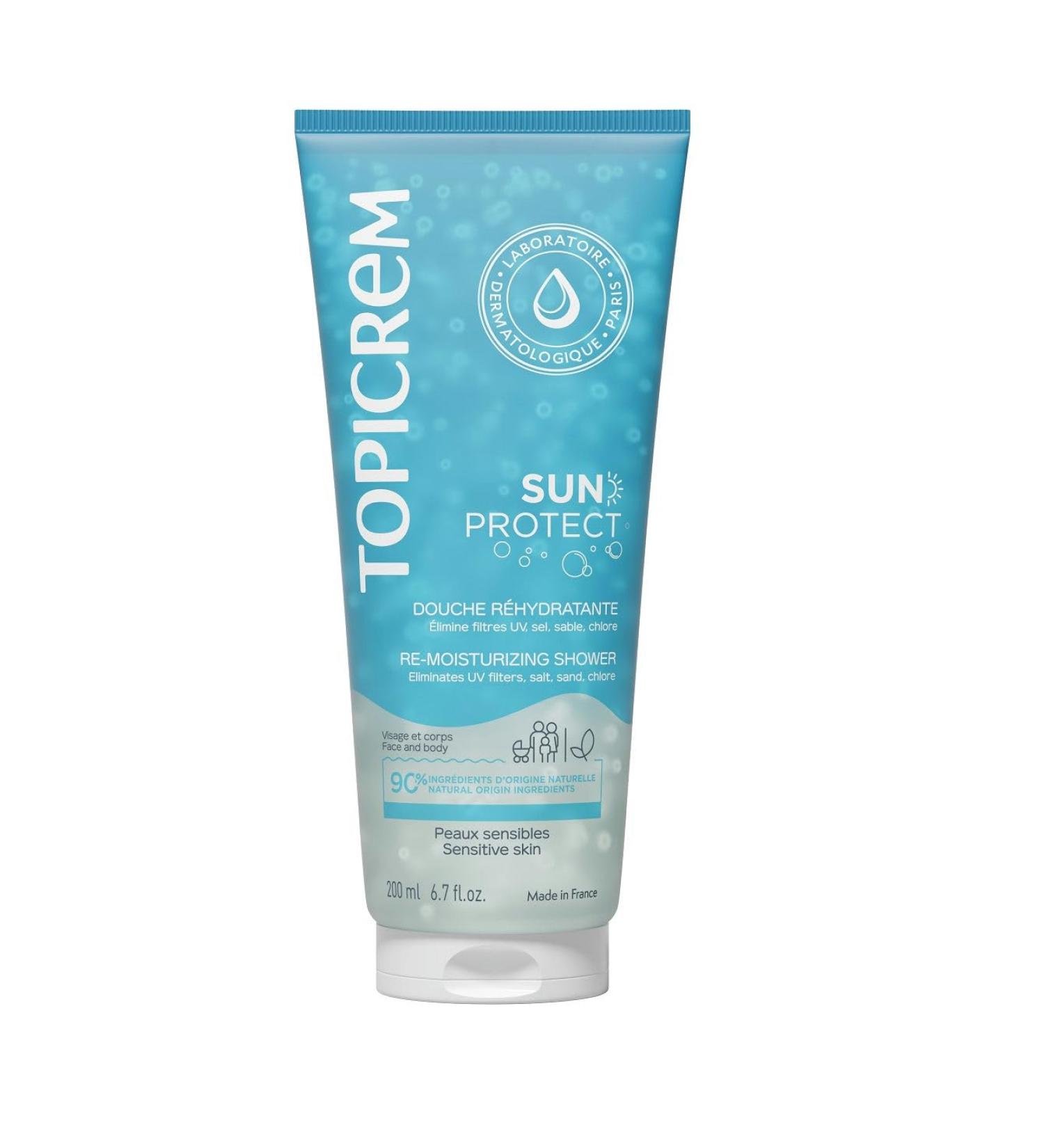 Topicrem - Sun Protect Rehydrating Shower - Cleanses Hydrates Nourishes Soothes the Skin Removes Sun Protection Residues - Sensitive Skin Care - After Sun Shower Gel - 200 ml - Buy Online on GoSupps.com
