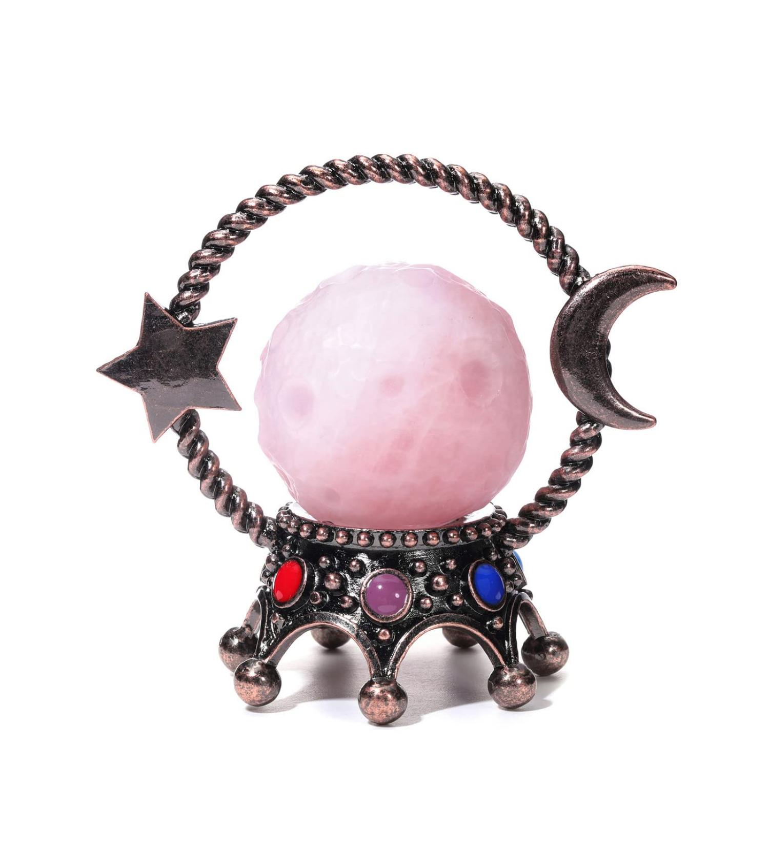 JOVIVI 40mm Rose Quartz Crystal Ball with Bronze Star Moon Stand - Healing Stones for Spiritual Meditation and Home Decoration - Buy Online on GoSupps.com