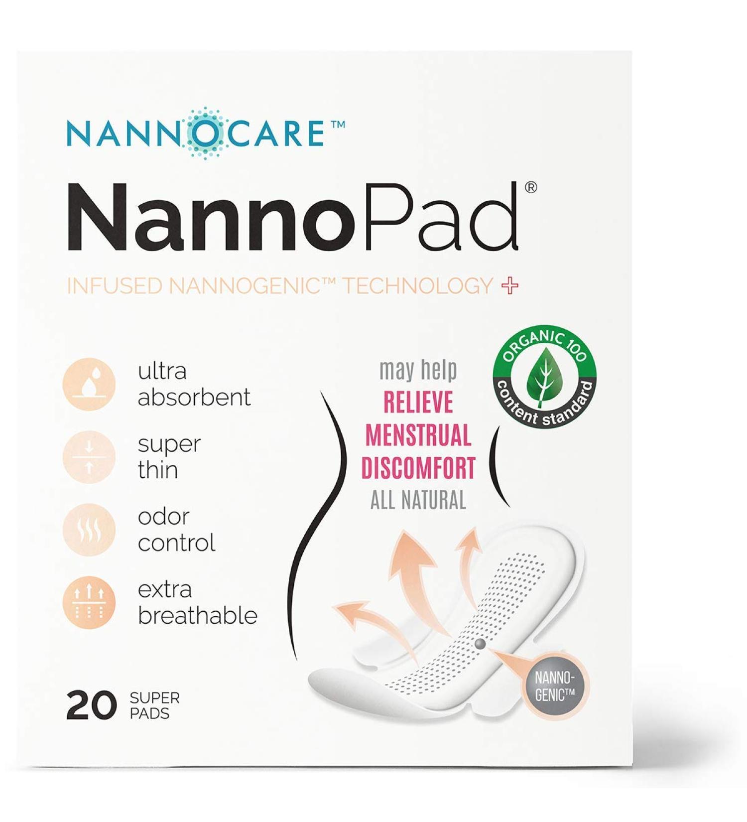 Organic Cotton Unscented Feminine Pads for Women - NannoPad Overnight 20 Count - Heavy Flow Super Long with Wings - All Natural Sanitary Napkin - Buy Online on GoSupps.com