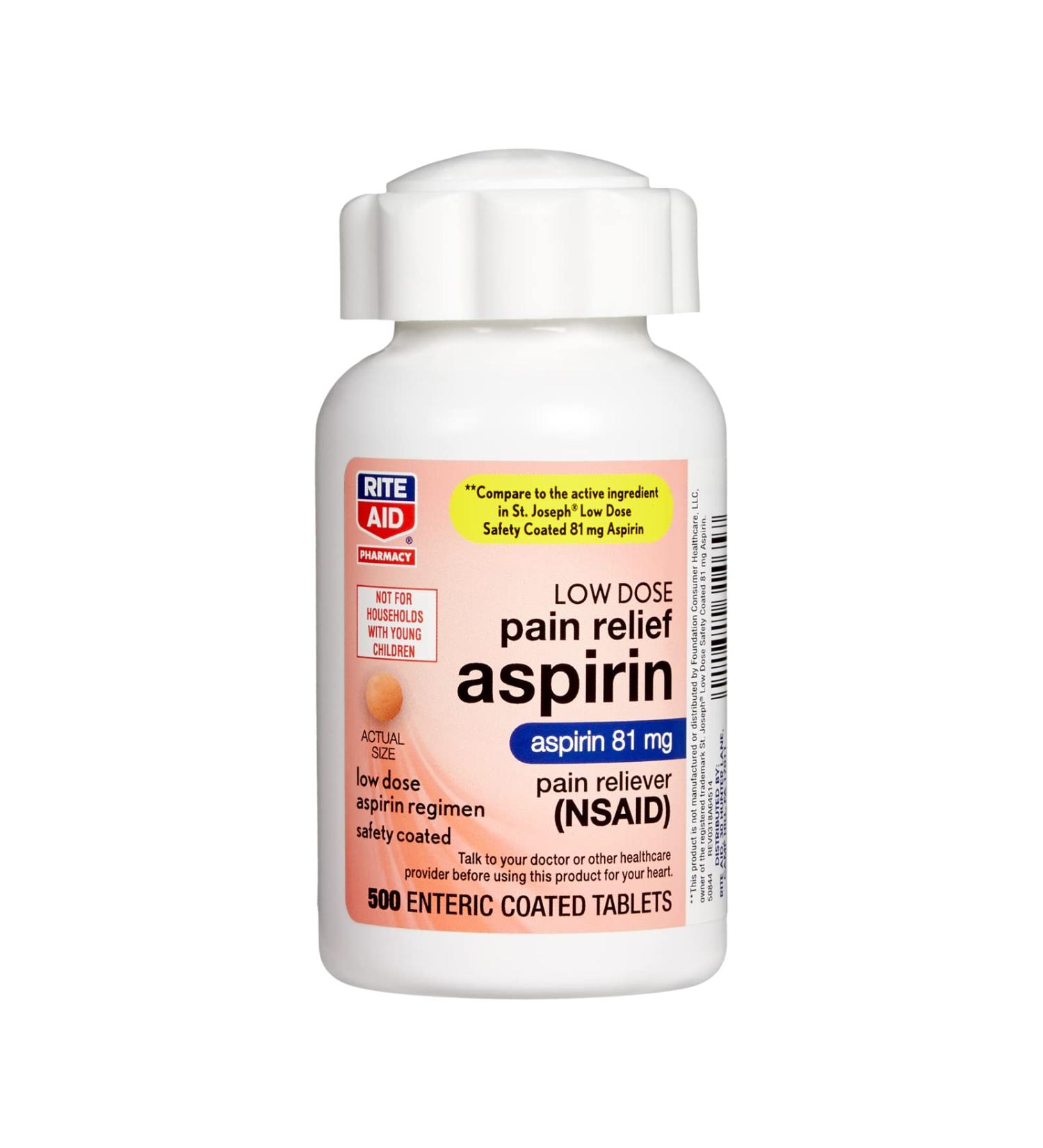 Rite Aid Aspirin Enteric Tablets 81 mg - 500 Count | Low Dose Pain Relief for Headaches & Migraines - Buy Online on GoSupps.com