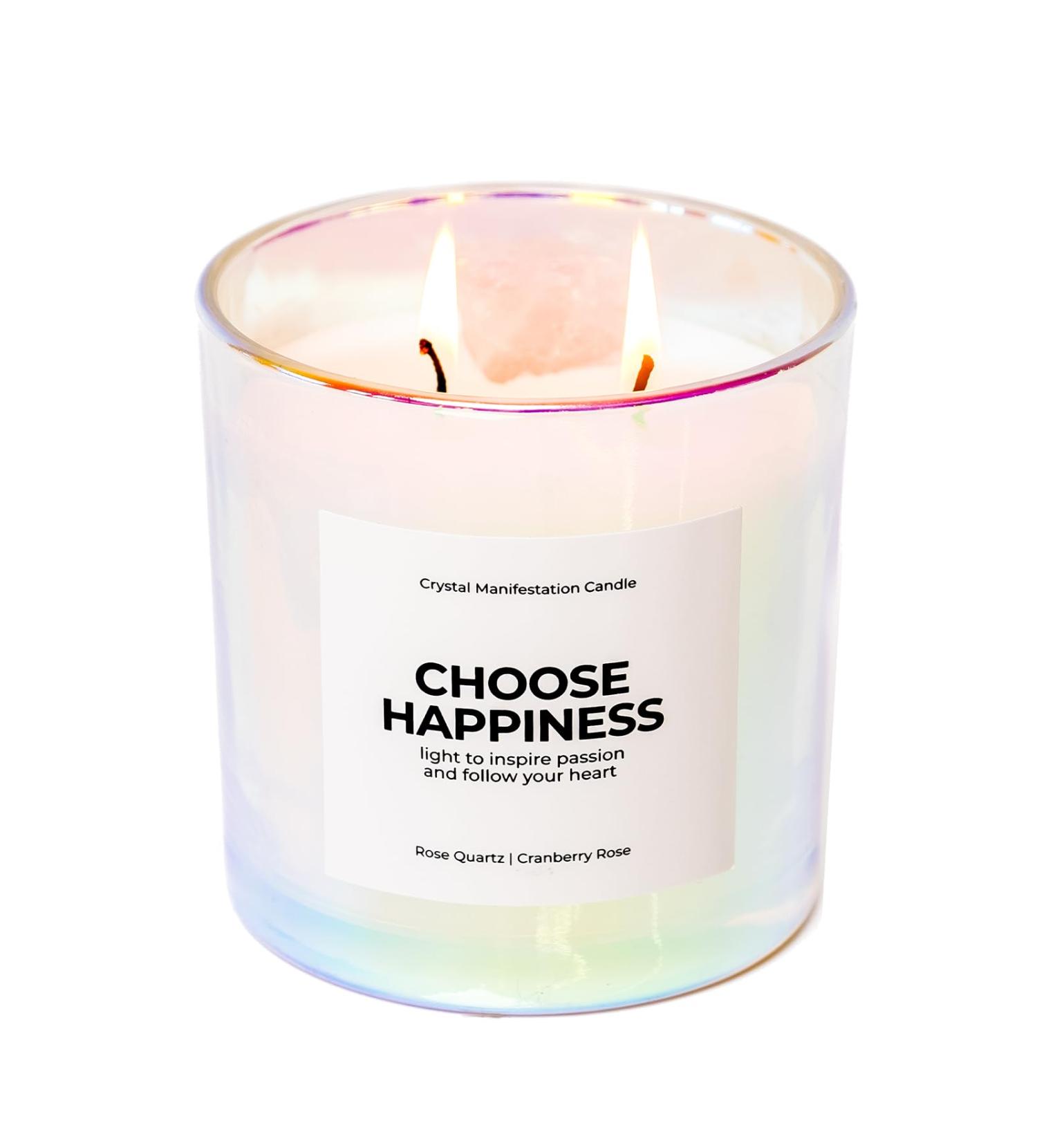 Choose Happiness Crystal Manifestation Candle - Cranberry Rose & Rose Quartz - International Shipping Available - Buy Online on GoSupps.com