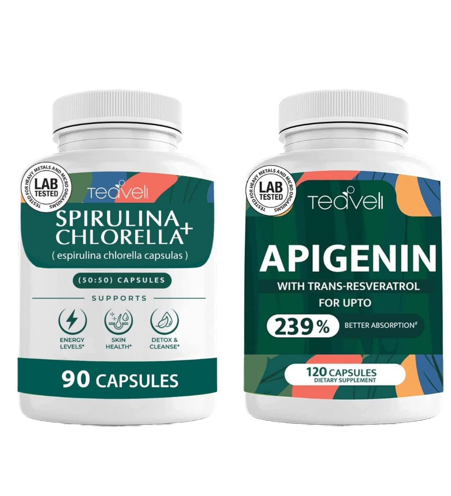 Teaveli Premium Spirulina & Chlorella Capsules with Apigenin Supplement Bundle - Buy Online on GoSupps.com