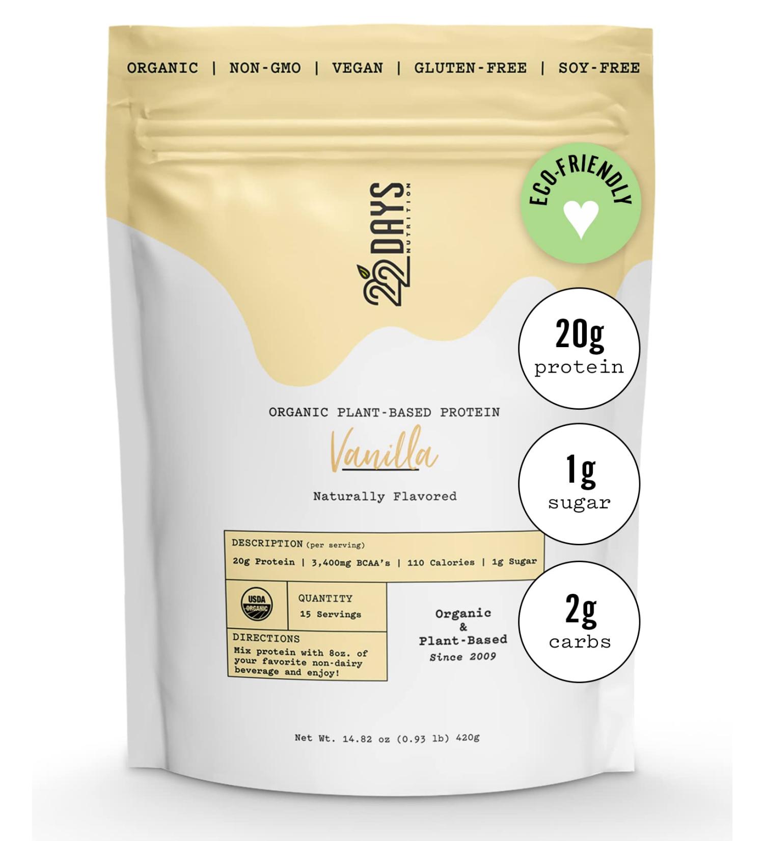 22 Days Nutrition Organic Vanilla Protein Powder - 15 Servings | Gluten Free Vegan Plant Based Protein (20g) - Pea, Flax, Sacha Inchi - Buy Online on GoSupps.com