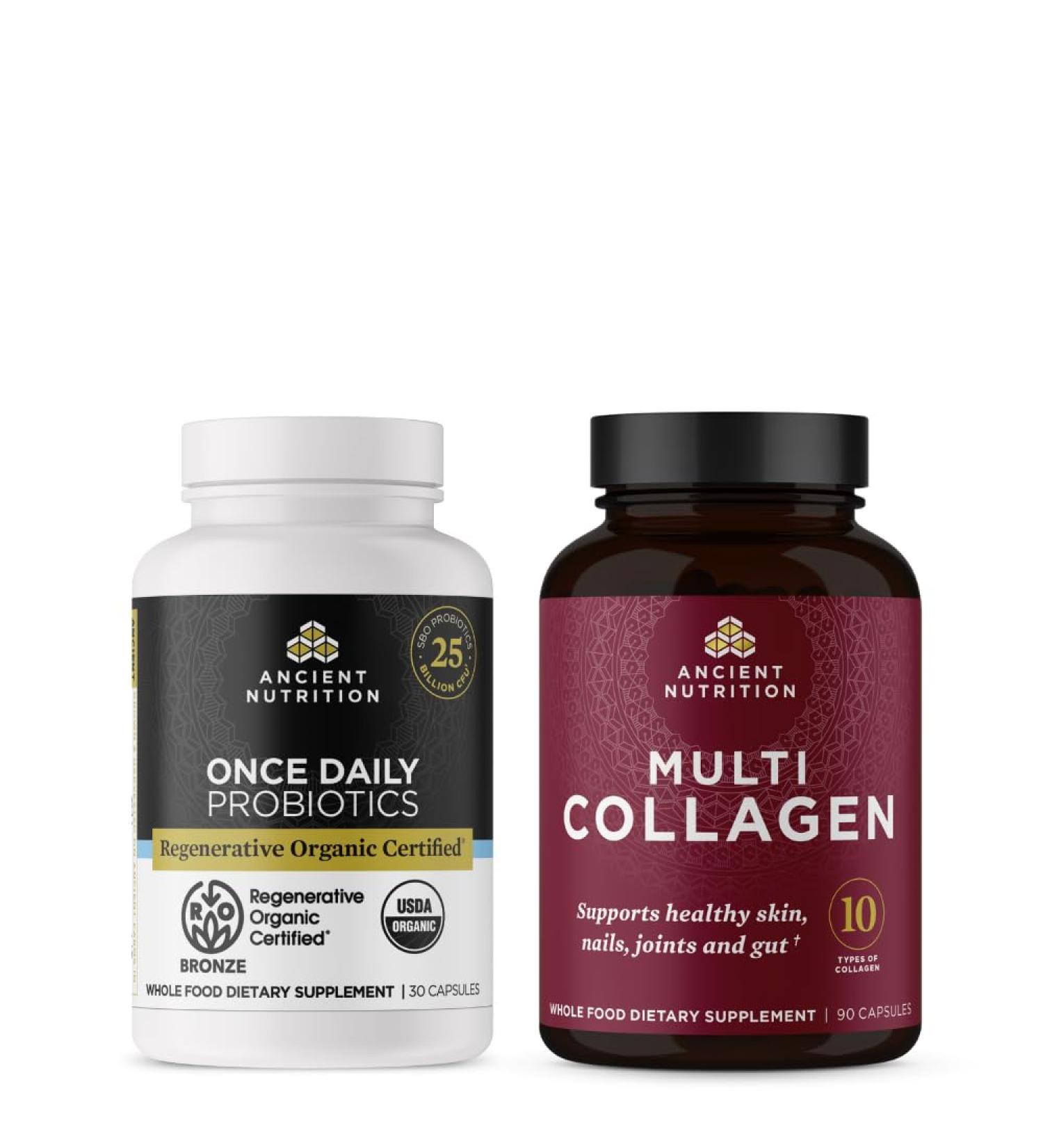 Ancient Nutrition Regenerative Organic Certified Once Daily Probiotics 30 Count + Multi Collagen Peptides Capsules 90 Count - Buy Online on GoSupps.com