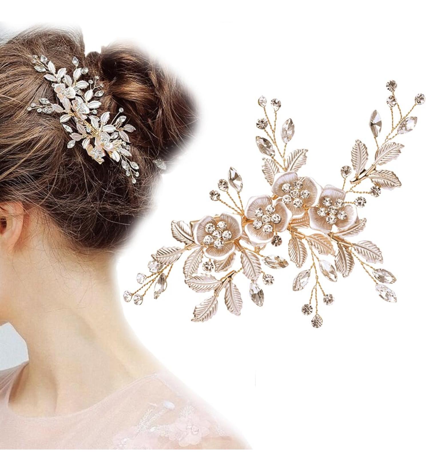 Wedding Hair Clip Rhinestone Bridal Handmade Flower Clip Crystal Hair Pins Bridal Bridesmaid Wedding Hair Accessories for Women and Girls Party Gift (Light Rose Gold) - Buy Online on GoSupps.com