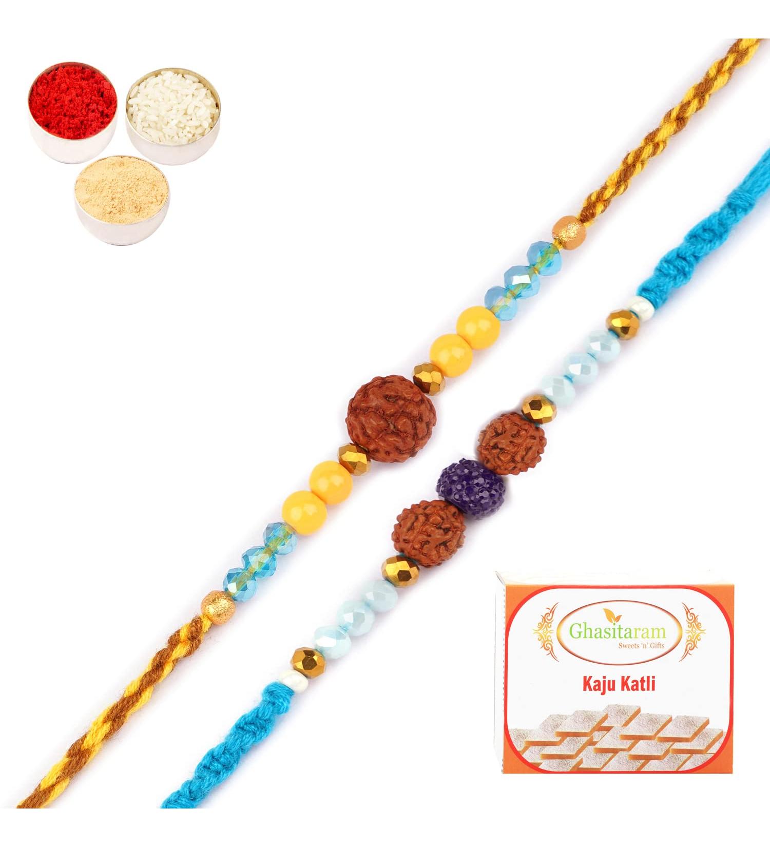Ghasitaram Gifts Rakhi for Brother Rakhis Online - Set of 2-1906 and 1907 Rudraksh Rakhis with 200 GMS of Kaju katli - Buy Online on GoSupps.com