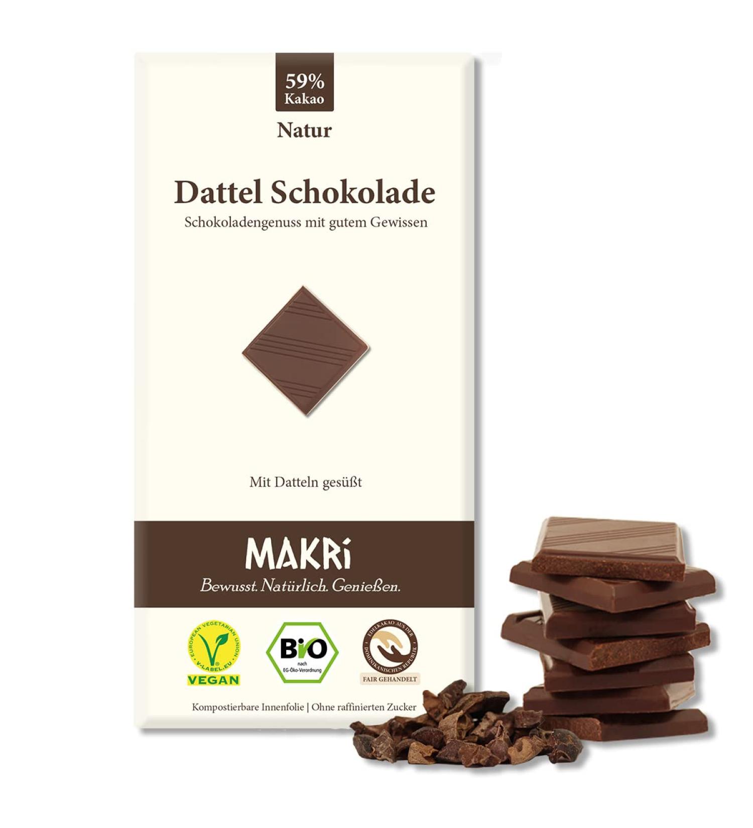 Makri Bio Dattel Chocolate | Vegan Fair Trade No Refined Sugar | 10 Plates (Nature 59%) - Shop Internationally! - Buy Online on GoSupps.com