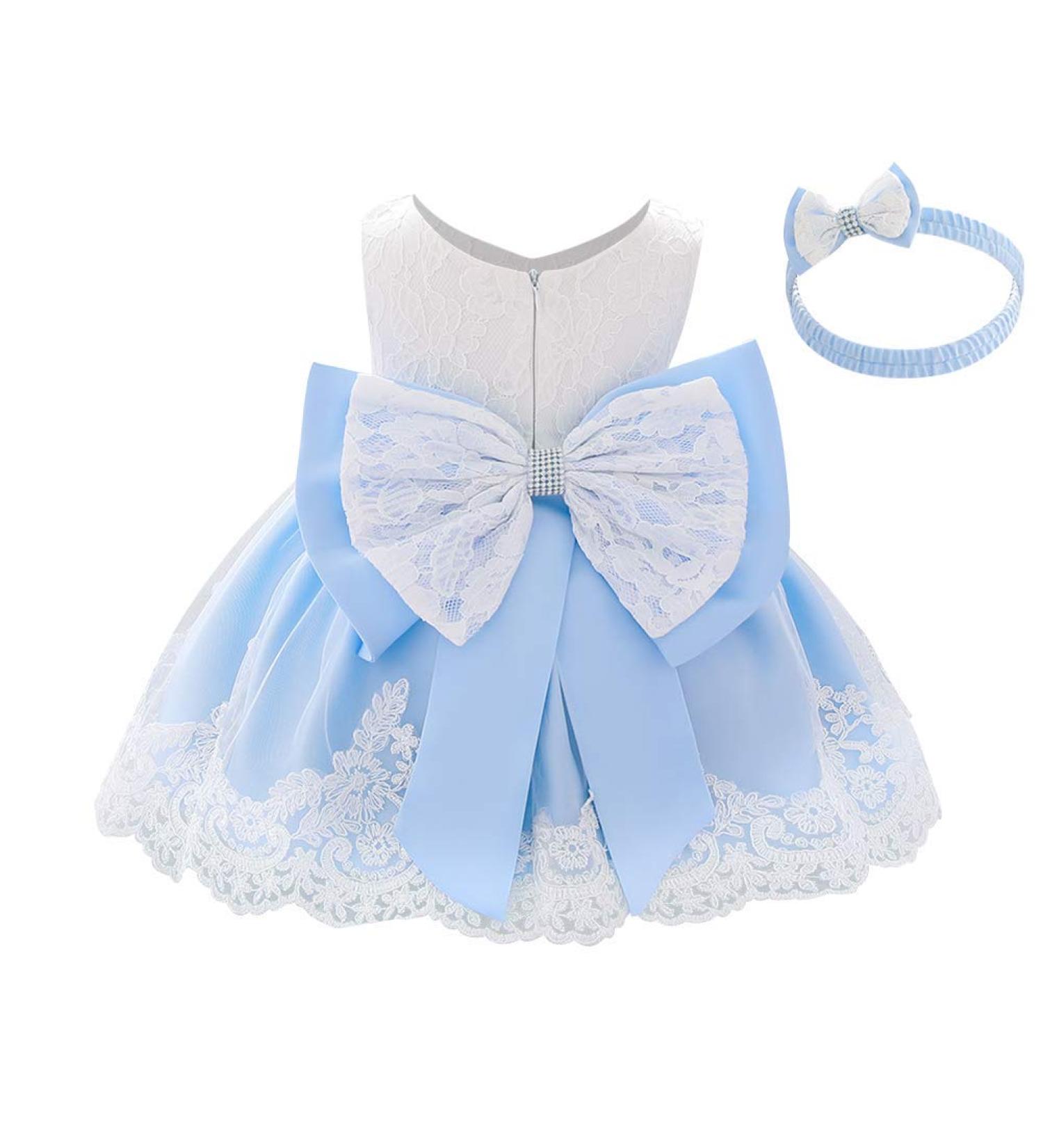 FYMNSI Baby Girl Baptism Christening Dress - Lace Floral Embroidery Princess Gown with Headband, Blue (6-9 Months) - Buy Online on GoSupps.com