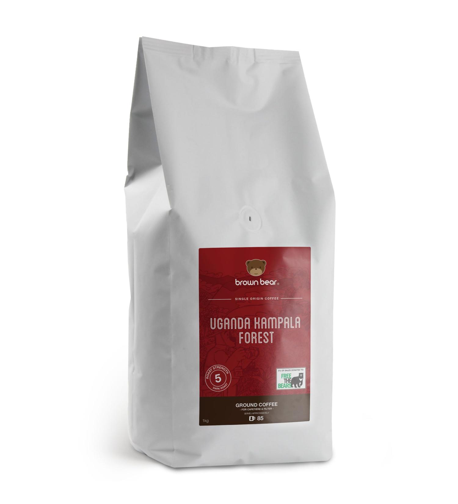 Uganda Ground Coffee 1kg - Very Strong Dark Roast Ugandan Robusta Coffee - Brown Bear - For Cafetiere French Press V60 Filter - Strength 5 - Donation to Free The Bears - Buy Online on GoSupps.com