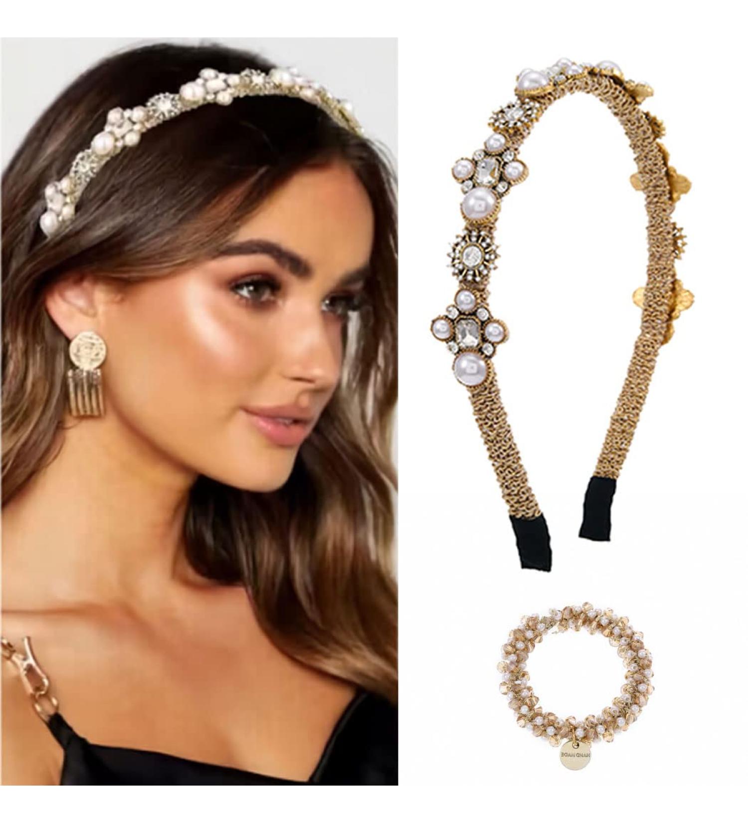 Sinalty Gold Pearls Baroque Rhinestones Headband with Beaded Hair Ties - Women's Fashion Hair Accessory - Buy Online on GoSupps.com