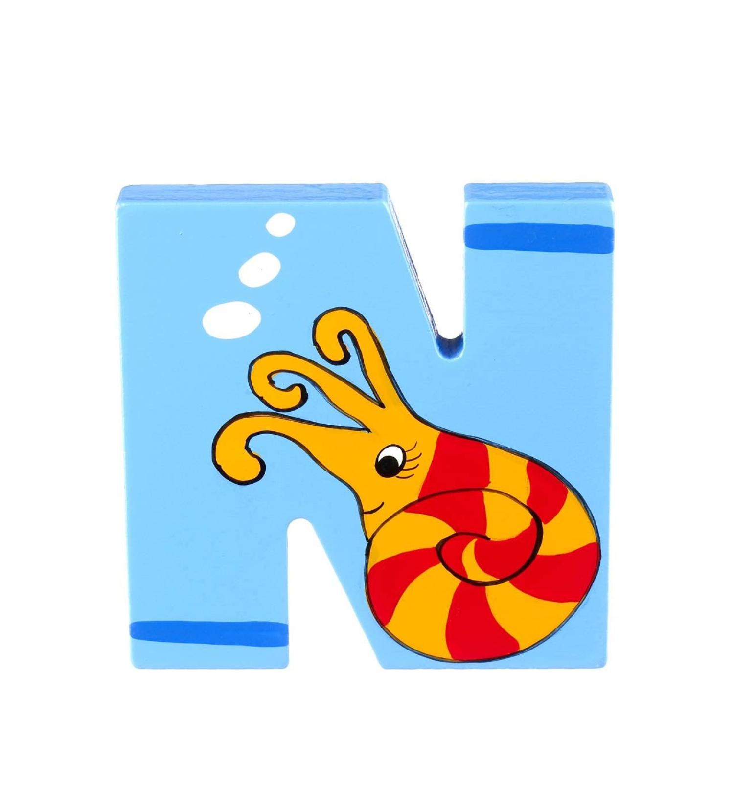 Wooden Letters by Orange Tree Toys Letter N for Nautilus - Alphabet Animal Letters for Personalised Baby Name Toy Box Door Wall Decorations - Animals Nursery Decor Boys Girls Bedroom Accessories