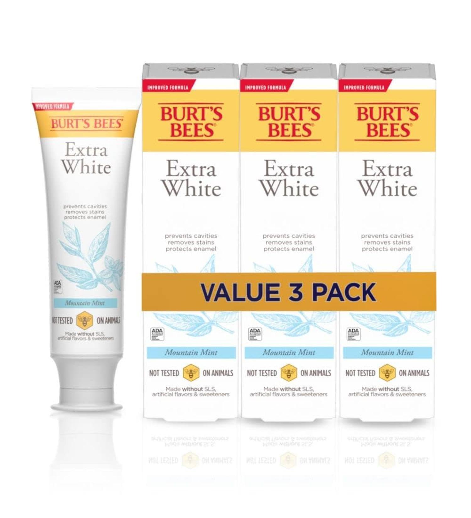 Burt's Bees Extra White Toothpaste Fluoride Toothpaste Natural Flavor Mountain Mint 4.7 oz Pack of 3 - Buy Online on GoSupps.com