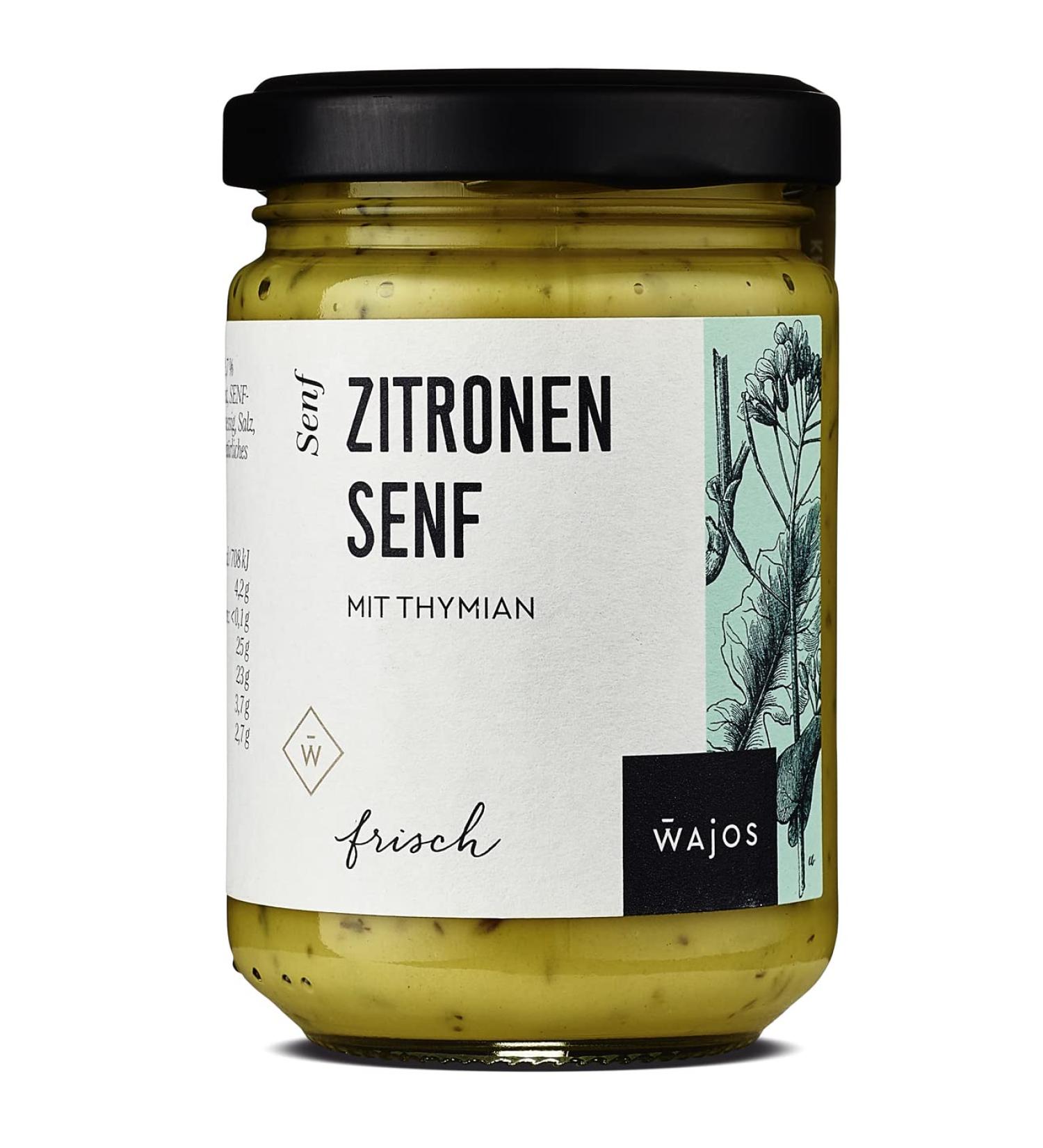 wajos WAJOS Lemon Mustard with Thyme - 140 ml - Mustard Glass - Mustard Sauce - For Salad Meat and Fish - Vegan - Fresh and Spicy