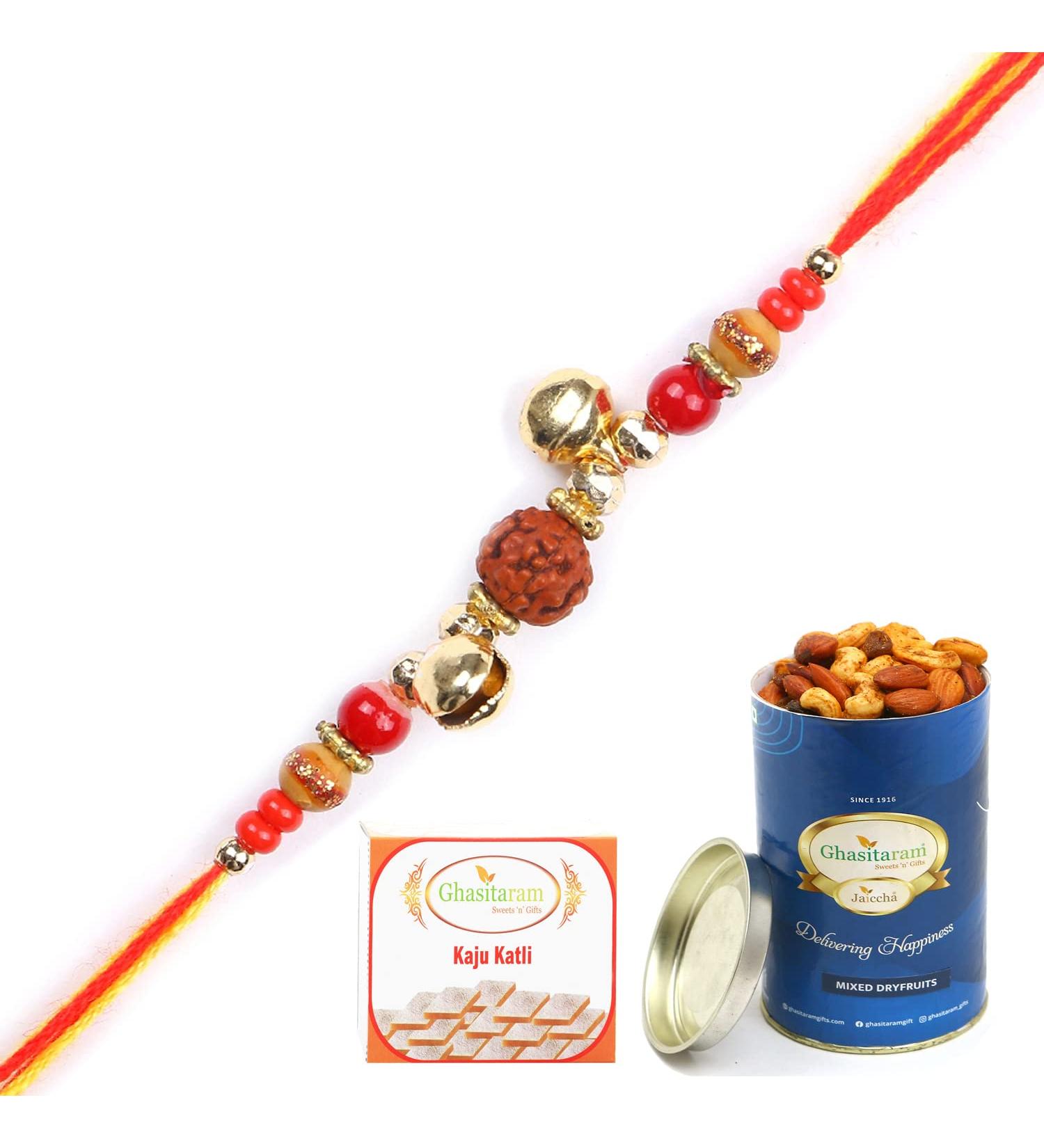 Ghasitaram Gifts Rakhi for Brother Rakhis Online 6208- Rudraksh Rakhi with 100 GMS of Dryfruits Mix Can 200 GMS of Kaju katli Rakhi & 100g Dryfruits Mix Can 200g Kaju katli - Buy Online on GoSupps.com